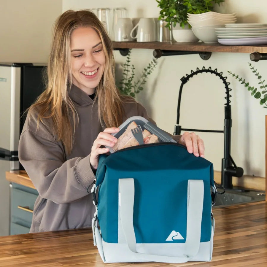 24-Can 14 QT Soft-Sided Folding Cooler With Built-In Bottle Opener for Outdoor Use, Polyester Fabric, Teal Color, Lightweight