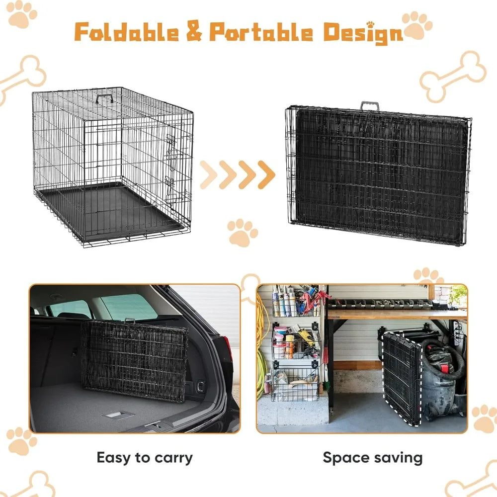 Dog Crate, 48 Inch Extra Large Double Door Dog Cage with Plastic Leak-Proof Pan Tray, Folding Metal Wire Indoor, Outdoor, Travel
