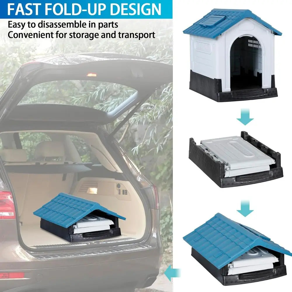 Indoor/Outdoor Plastic Dog House with Easy Assembly, Adjustable Skylight, Elevated Floor, Waterproof (Recycled)