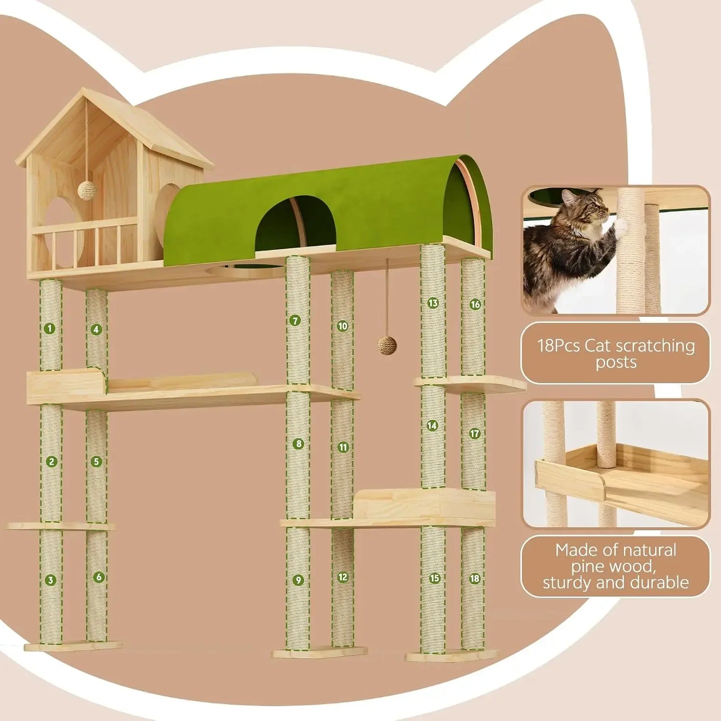 60" Solid Wood Cat Tower for Heavy Cats, Space-Saving with Litter Box Area, Multi-Level for Indoor Multi-Pet Homes
