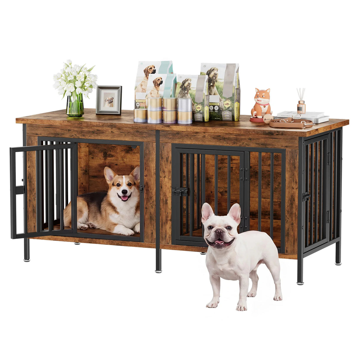 54-Inch Double Door Wooden Dog Cage with Divider Heavy-Duty Extra Large Pet Kennel for Indoor Outdoor Dog Kennel Furniture