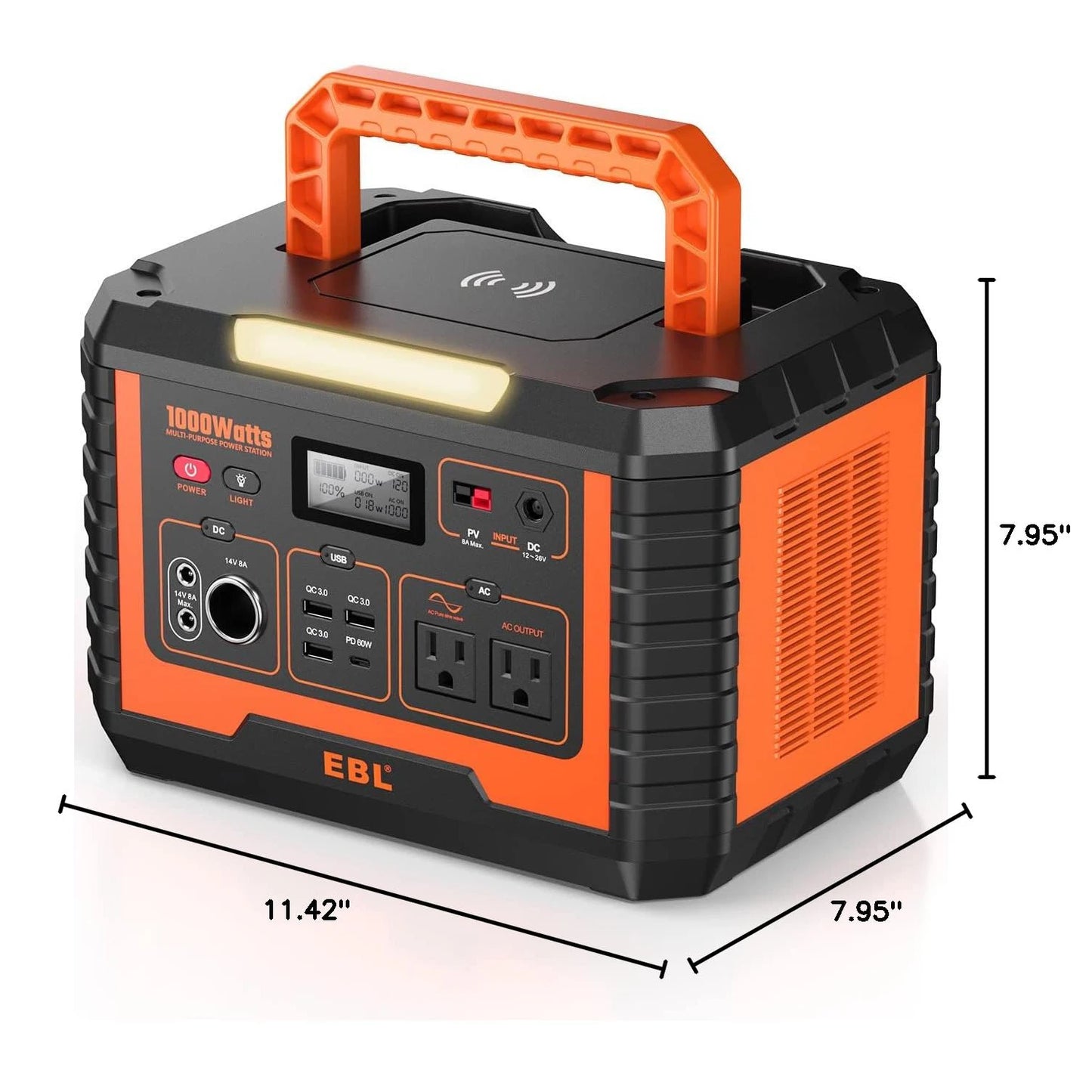 Portable Solar Generator 1000W Power Station Wireless Charging 110V Pure Sine Wave AC Outlet with PD 60W Fast Charge Battery