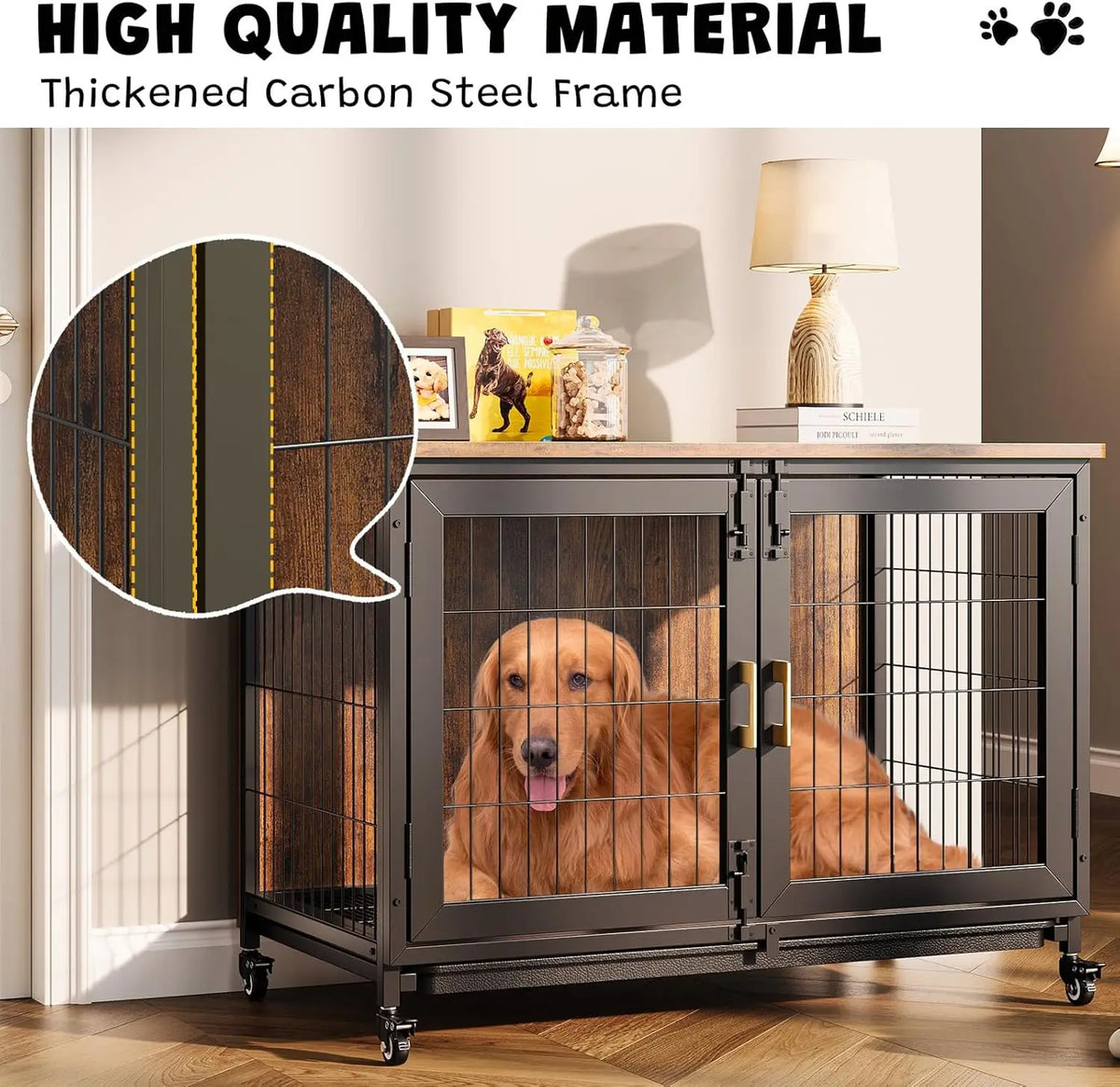 37.5 Inch Wooden Dog Crate Furniture with Wheels, Heavy-Duty Steel Frame & Removable Tray, Rustic End Table for Medium Dogs up to 66 LBS, Lockable Casters for Easy Moving