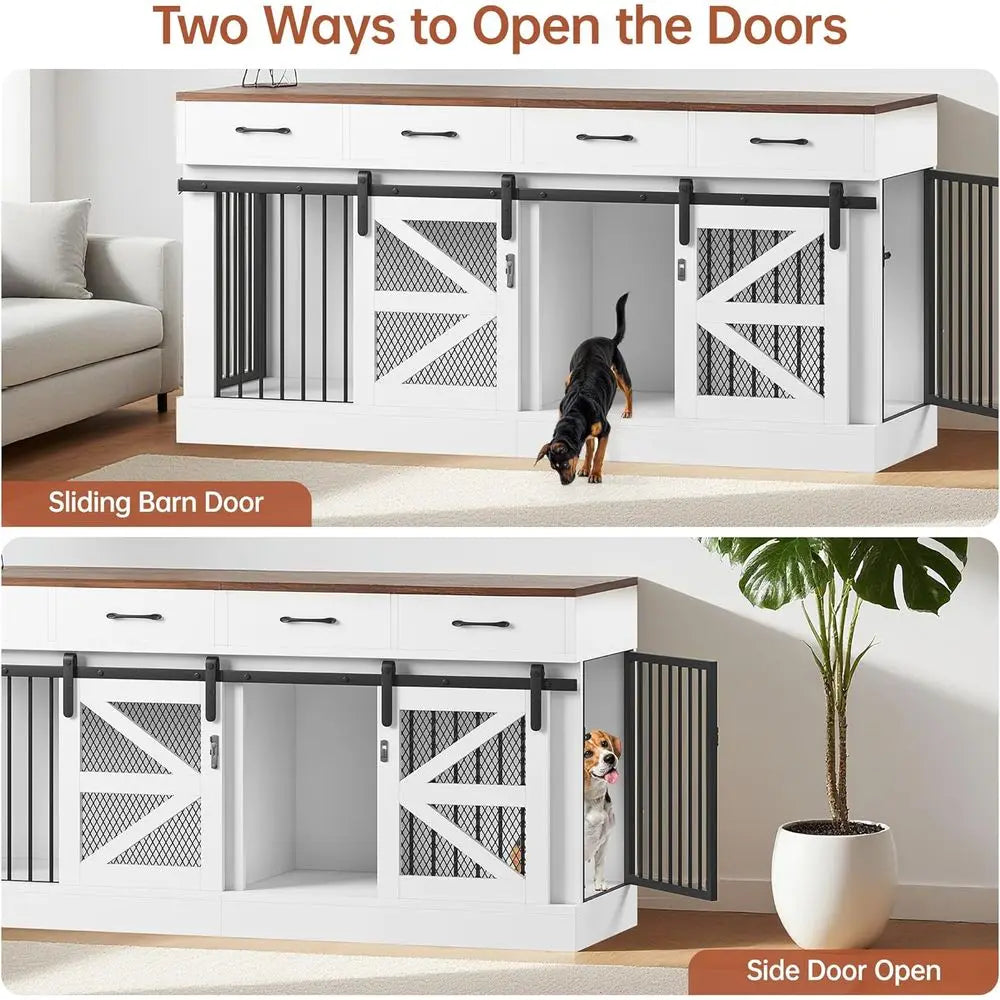 71 Heavy-Duty Indoor Wooden Dog Crate for 1-2 Dogs, Removable Divider & Storage Drawers - Multifunctional Pet Furniture, TV Stand