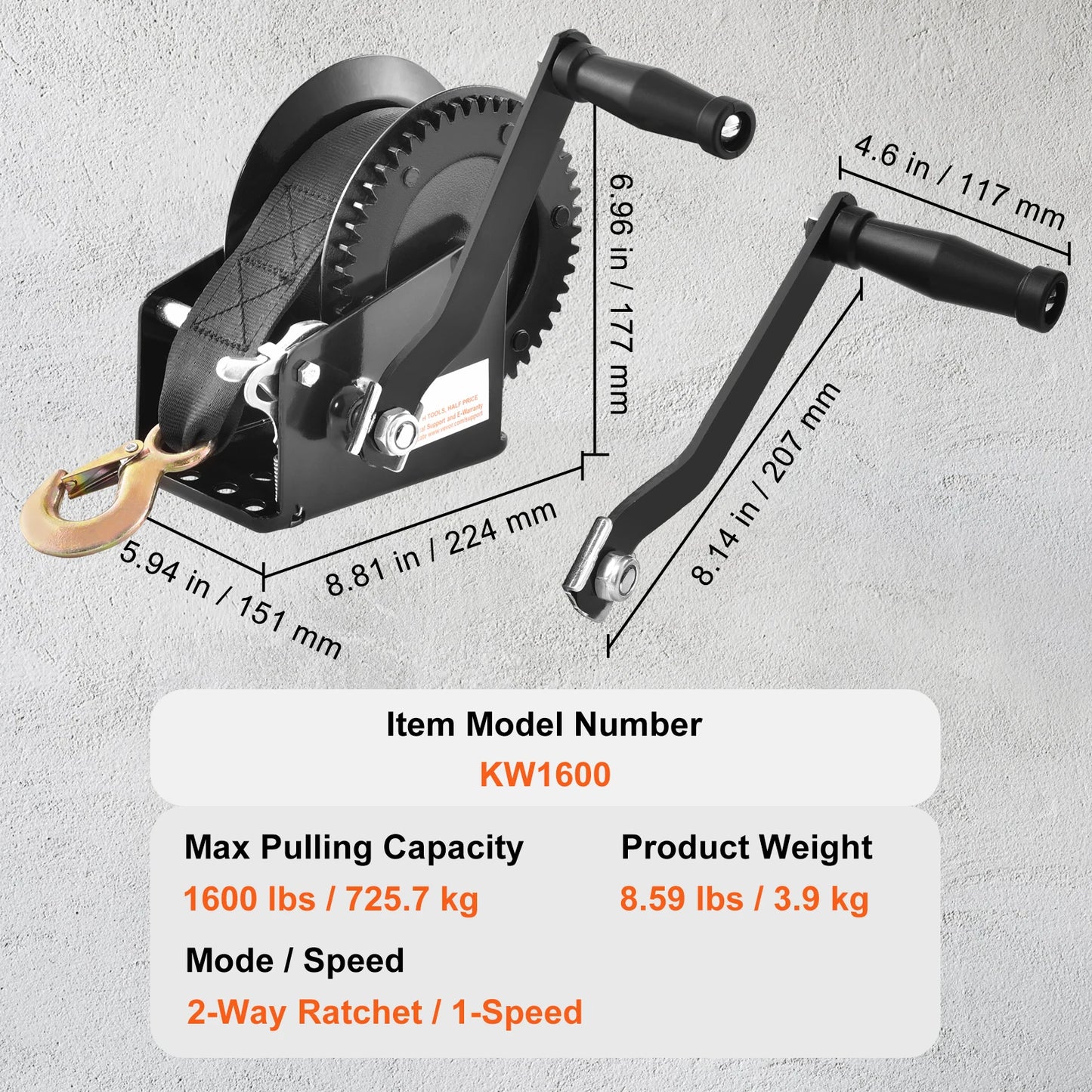 Hand Winch Boat Trailer Winch Heavy Duty Rope Crank Polyester Strap & Two-Way Ratchet Manual Operated Hand Crank Winch
