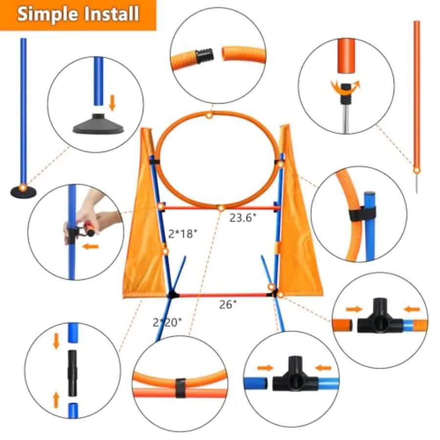 Premium Dog Agility Training Set Outdoor Indoor Game, Tire Jump + Hurdle Jump, Tunnel, Weave Poles, Pause, 2 Toy Balls, 2 Discs
