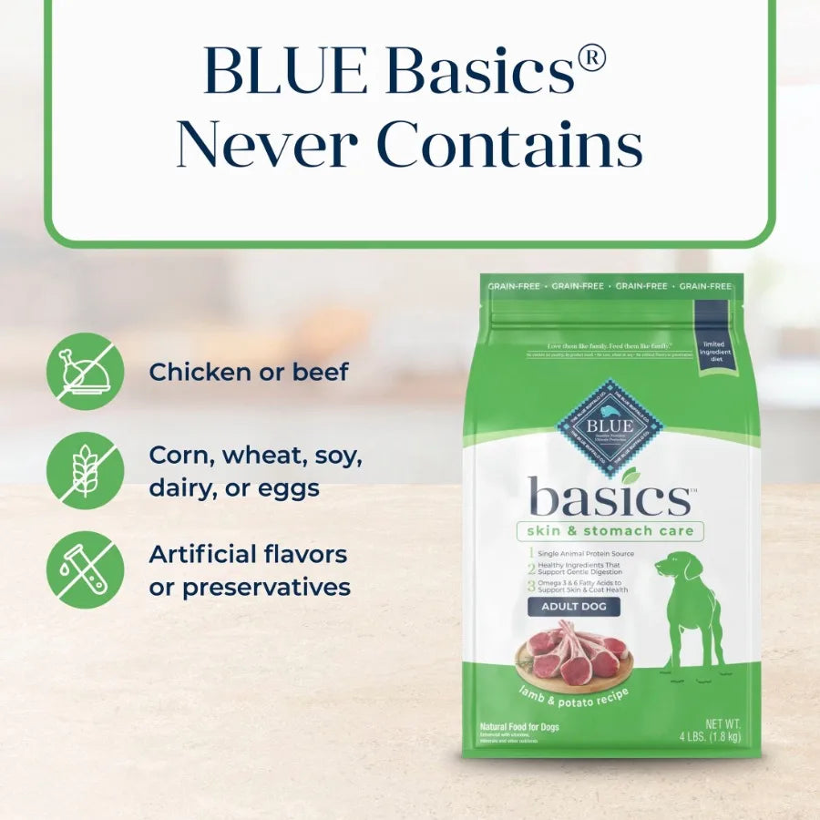Basics Adult Grain Free Dry Dog Food, Lamb and Potato, Chicken Free, 4lb Bag