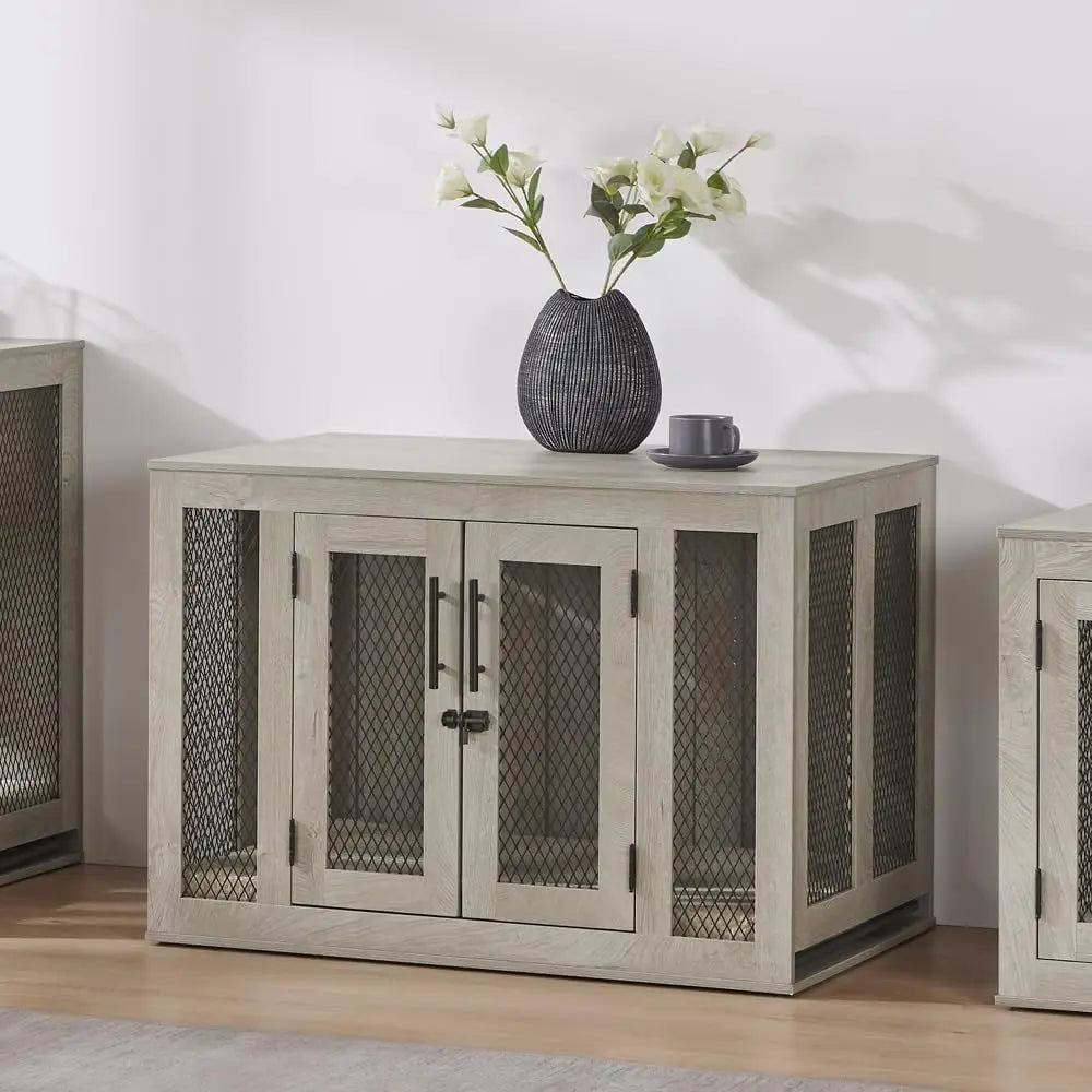 Furniture Style Dog Crate with Cushion and Tray, Mesh Dog Kennels with Double Door, End Table Dog House, Medium Crate Indoor Use