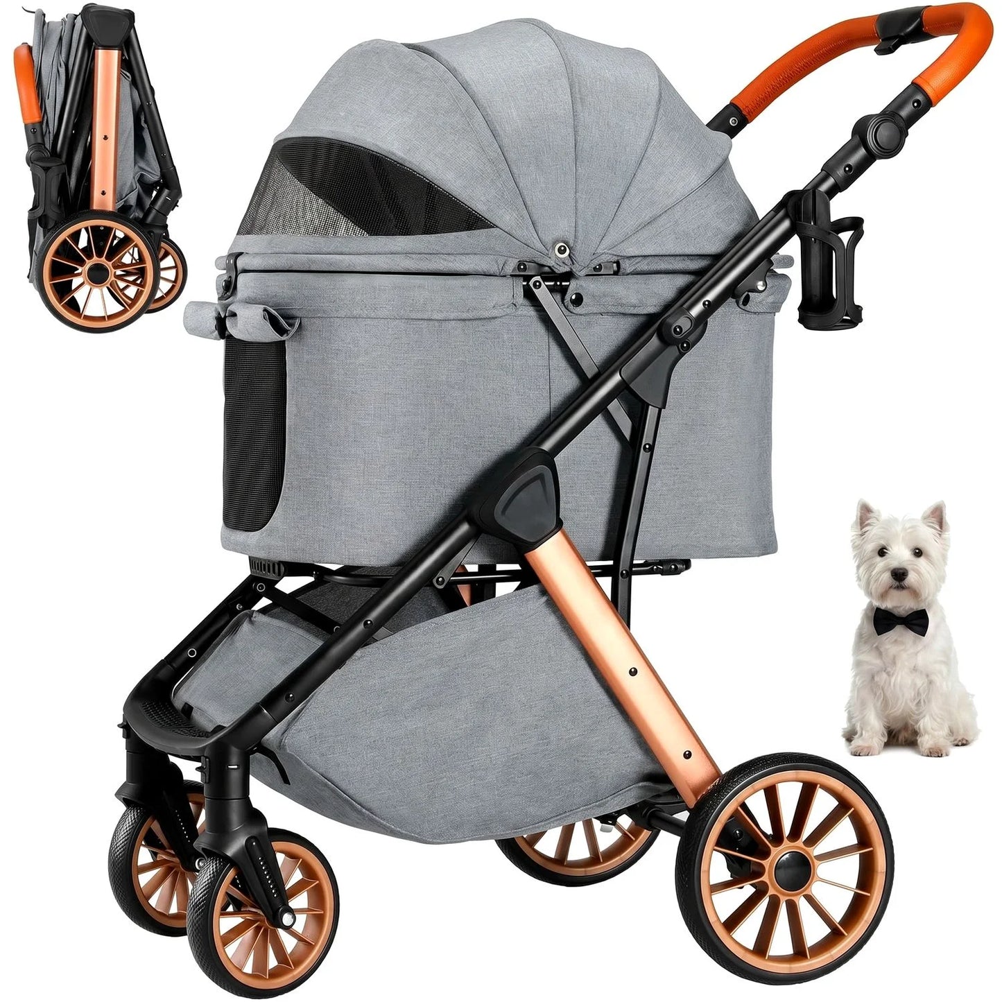 Foldable Pet Stroller for Medium Dog Cat, Pet Travel Carrier, Adjustable Handle with Sun Shade, Shock Absorbers, All-Terrain