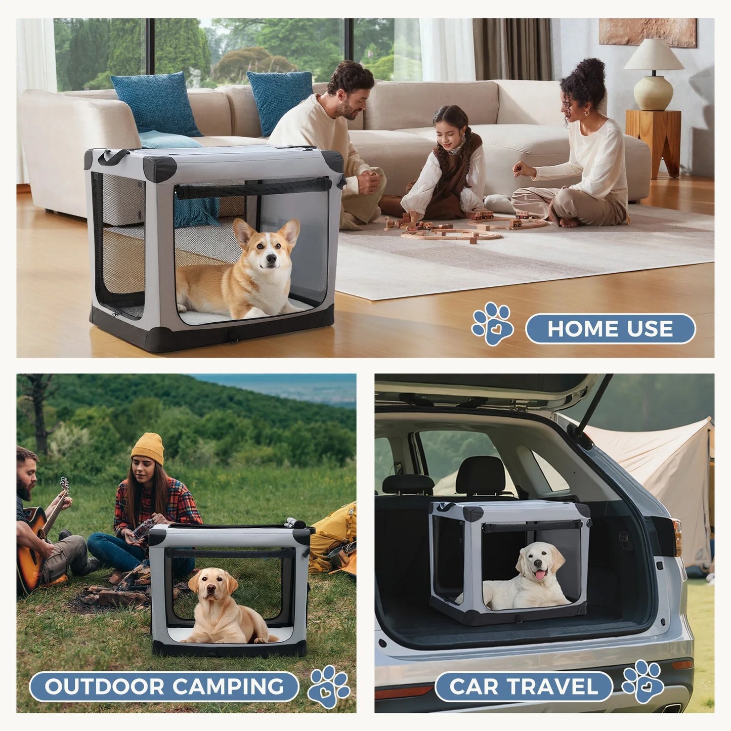 600D Oxford Fabric Foldable Soft Dog Crate Portable Pet Kennel with 3 Doors For Small to Extra Large Dogs Indoor