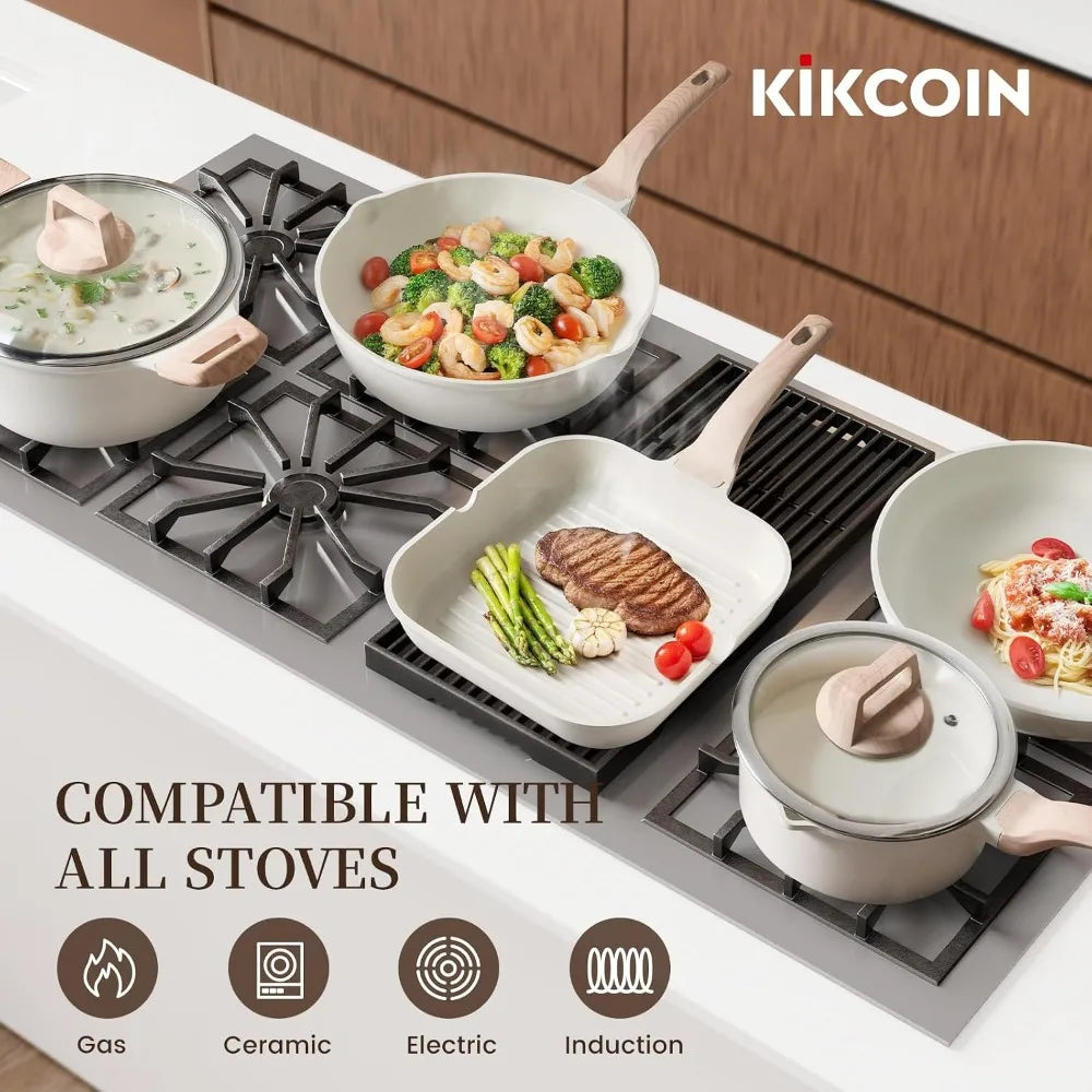 16Pcs Ceramic Nonstick Pots and Pans Set, Includes 9.5" Grill Pan, Induction Compatible, PTFE & PFOA Free, White Stackable Cookware for RV Camping