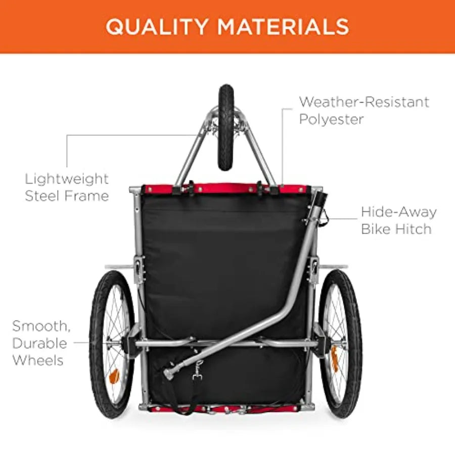 2-in-1 Dog Bike Trailer, Pet Stroller Bicycle Carrier w/Hitch, Suspension, Visibility Flag and Reflectors, 66lb Weight Capacity