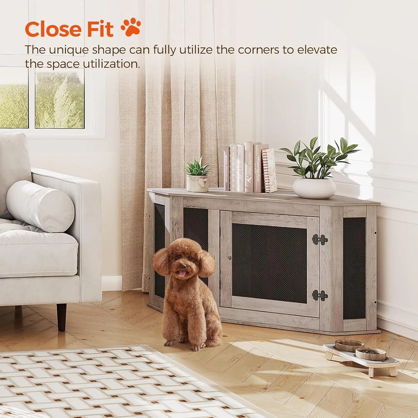 Corner Dog Crate Furniture, Wooden Kennel End Table, Decorative Pet Crate for Small Medium Dogs, TV Stand, Greige and Black