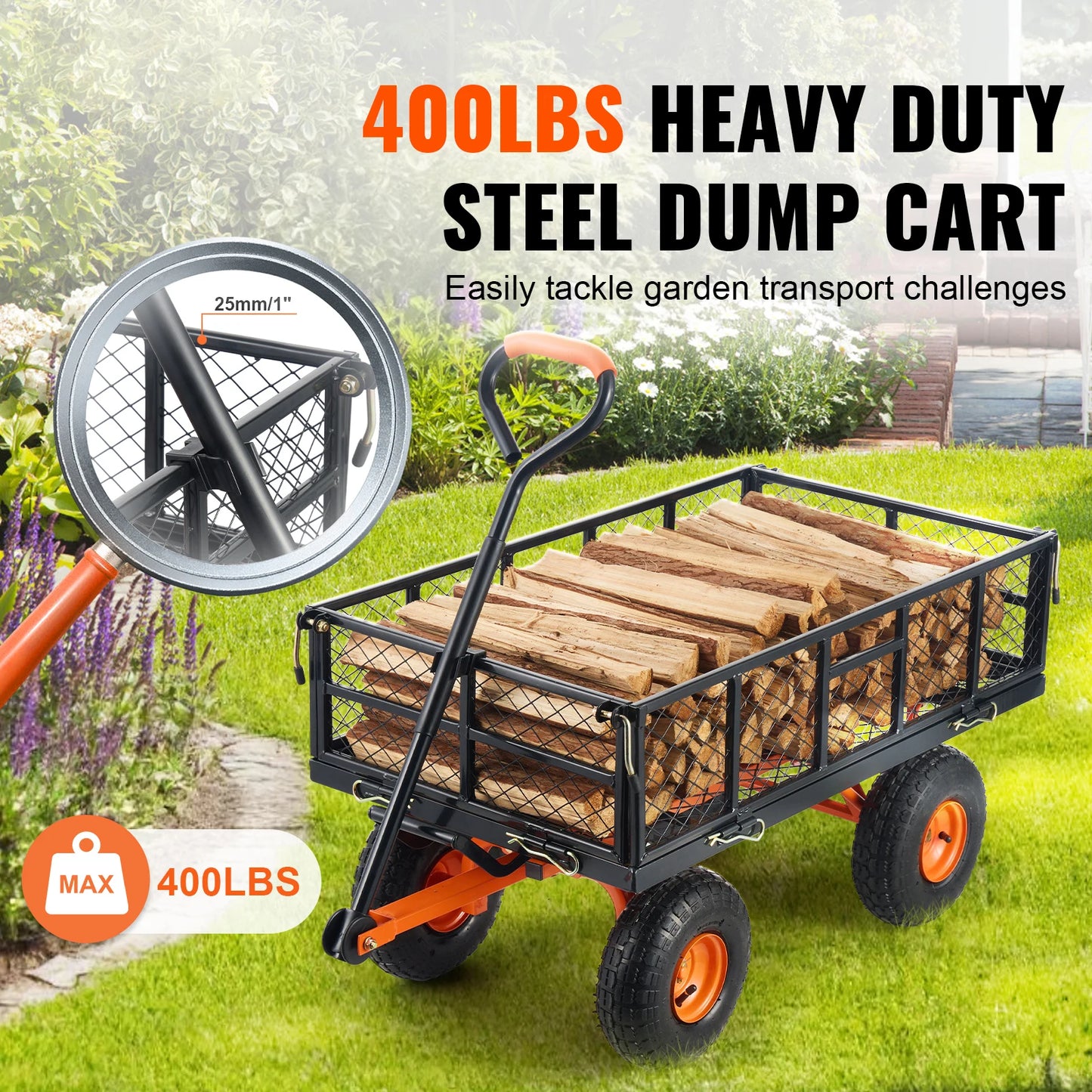 Garden Cart Sturdy Metal Utility Wagon with Simple Assembly Versatile Dump Cart Wheelbarrow with 400/ 880 lbs Capacity