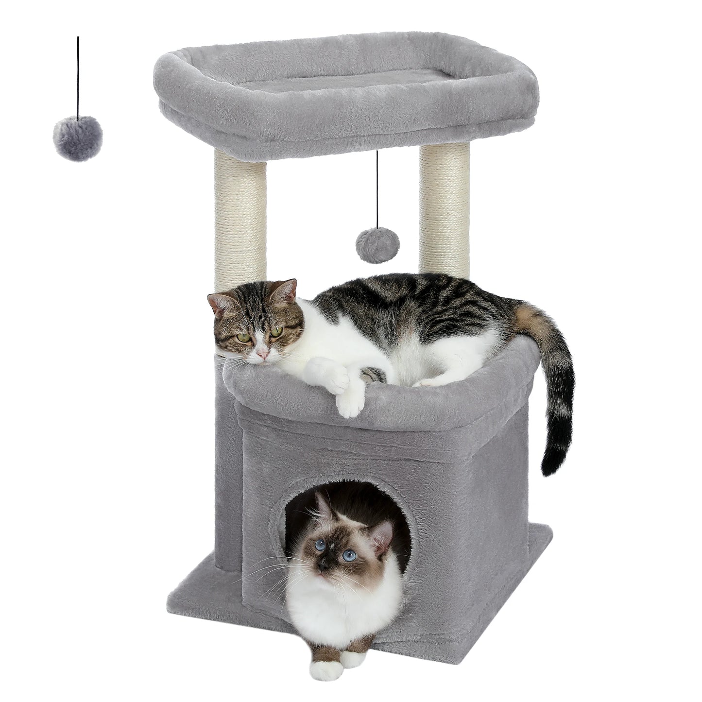 Cat Tree Cat Tower with Cozy Condo, Wide Top Perch, Natural Sisal Posts, Soft Plush, Playful Pom-Pom Suitable for 1-2 Indoor Cats
