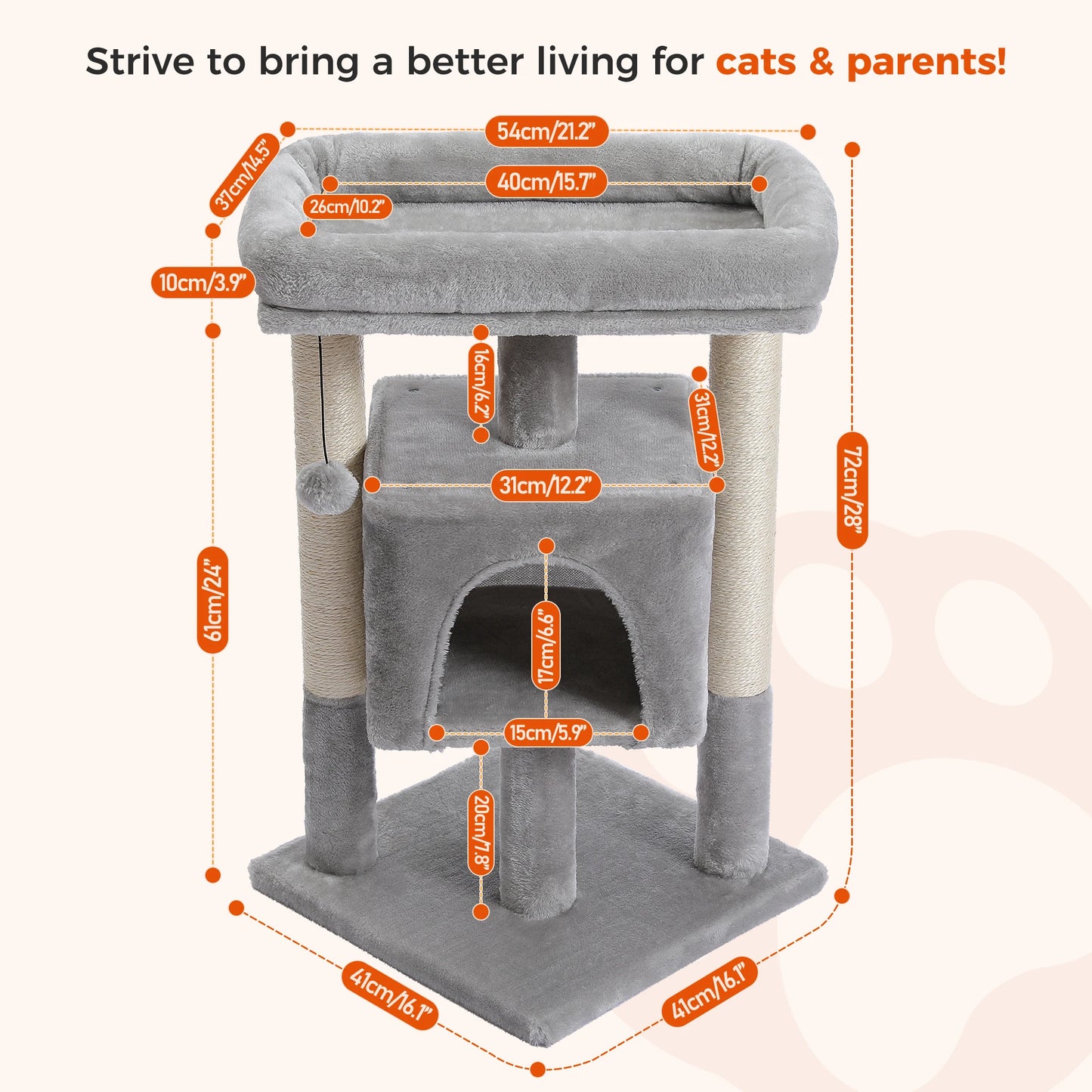 Small Cat Tree Tower with Natural Sisal Scratching Posts, Soft Top Perch, and Plush Pom-Pom Cozy Cat Condo Bed for Indoor Cat Toys