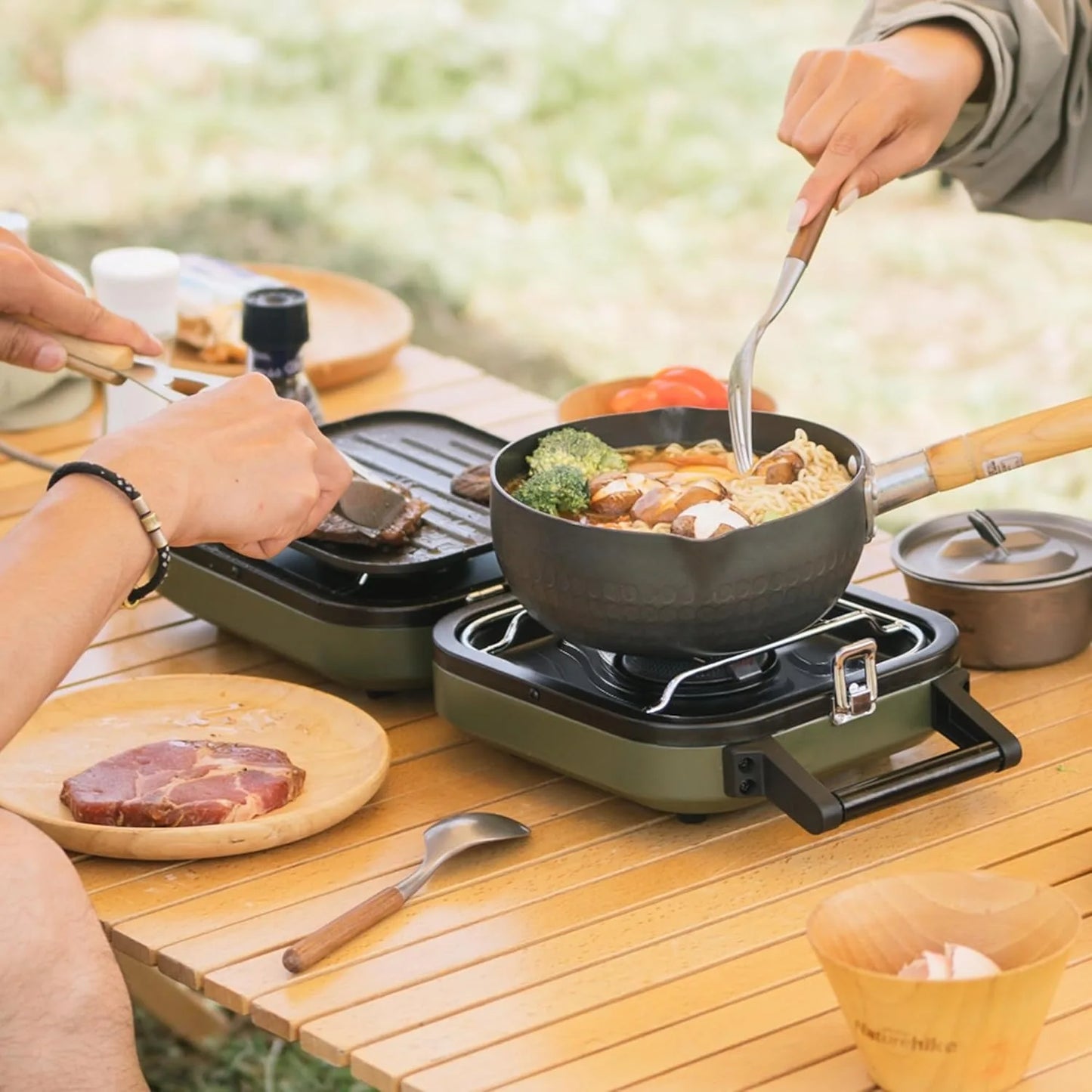 Folding Double Fire Gas Stove Portable Camping Isobutane Gas Stove with 16000 BTU Adjustable Burners Piezo Ignition