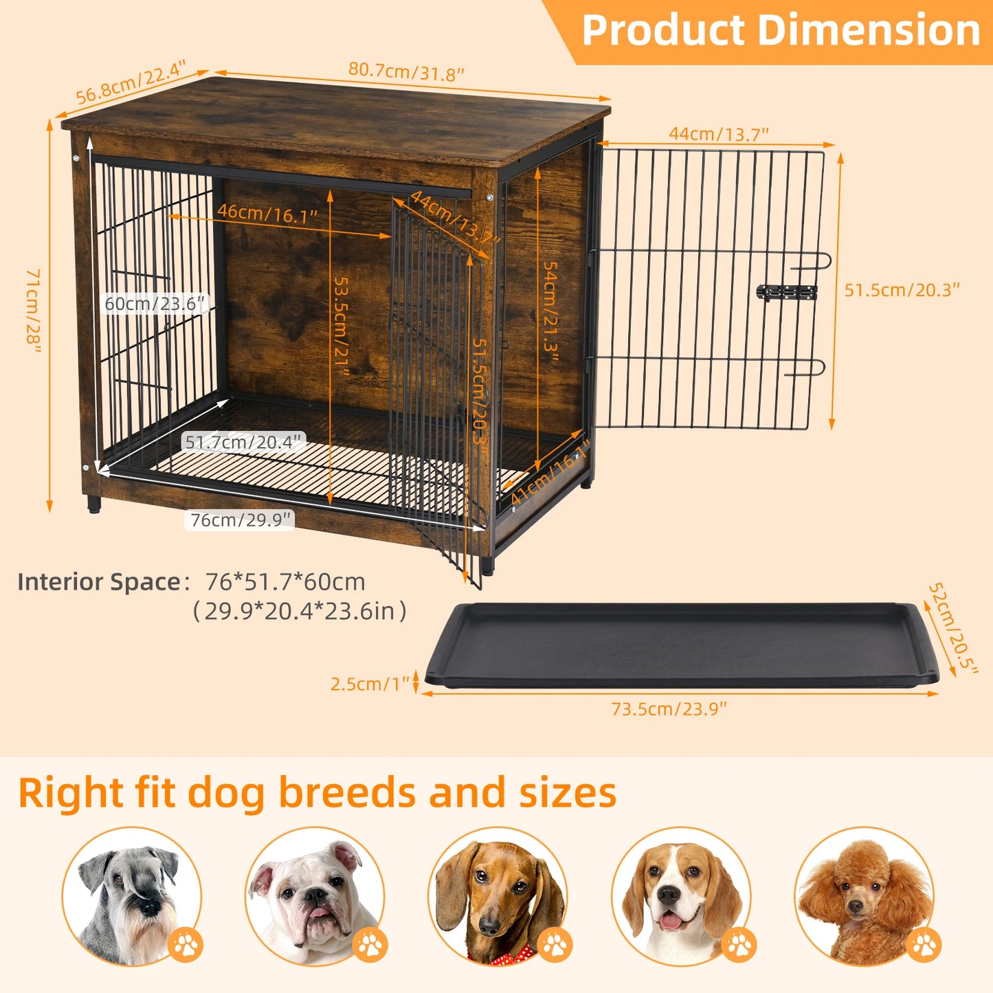 Spacious Brown Wooden Dog Cage End Table Pet Kennel Crate Indoor Furniture for Medium to Large Dogs Animal Cage