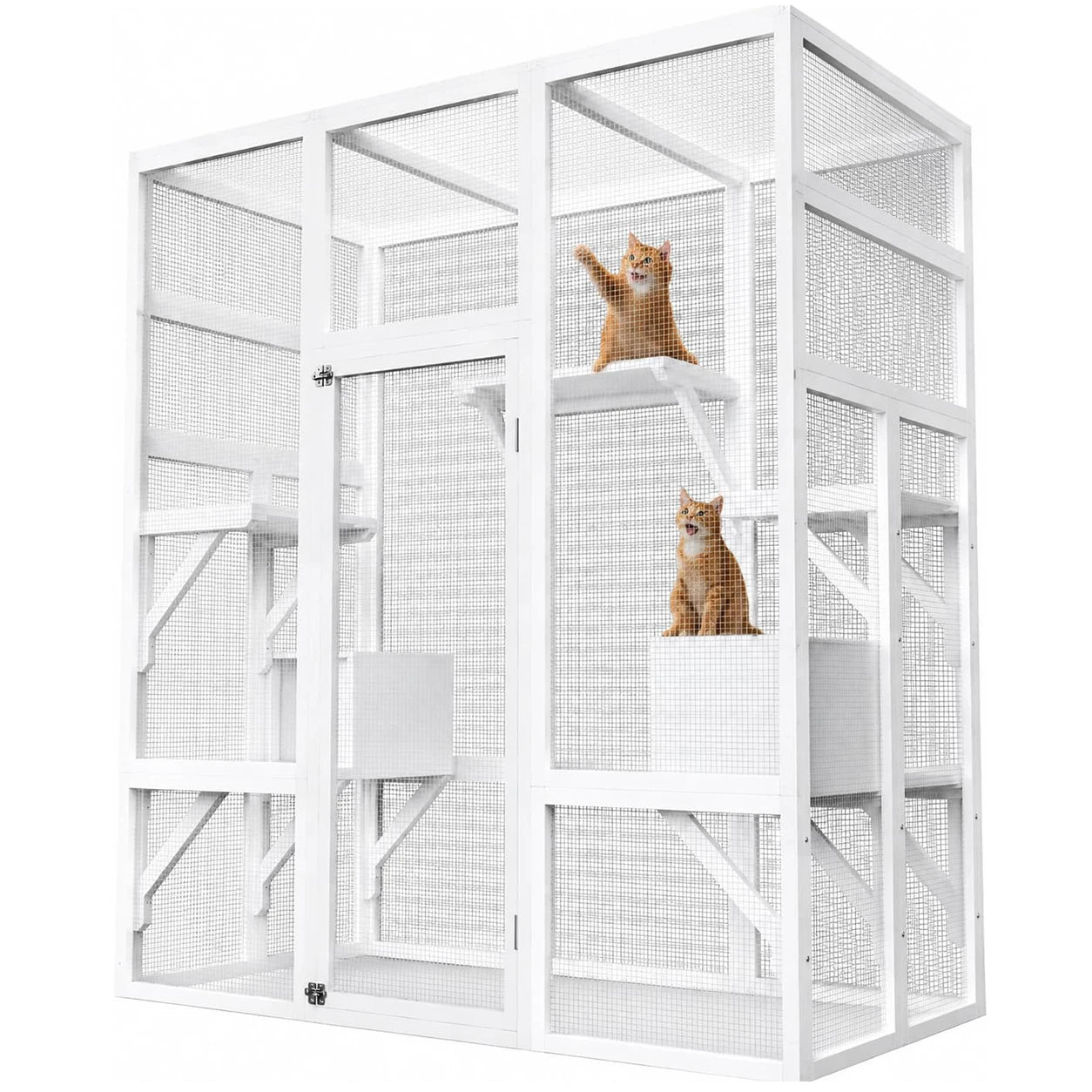 70in Outdoor Catio Cat Enclosure, Large Wooden Cat House With Waterproof UV Roof, 5 Platforms 2 Rest Boxes For Patio Backyard Cats