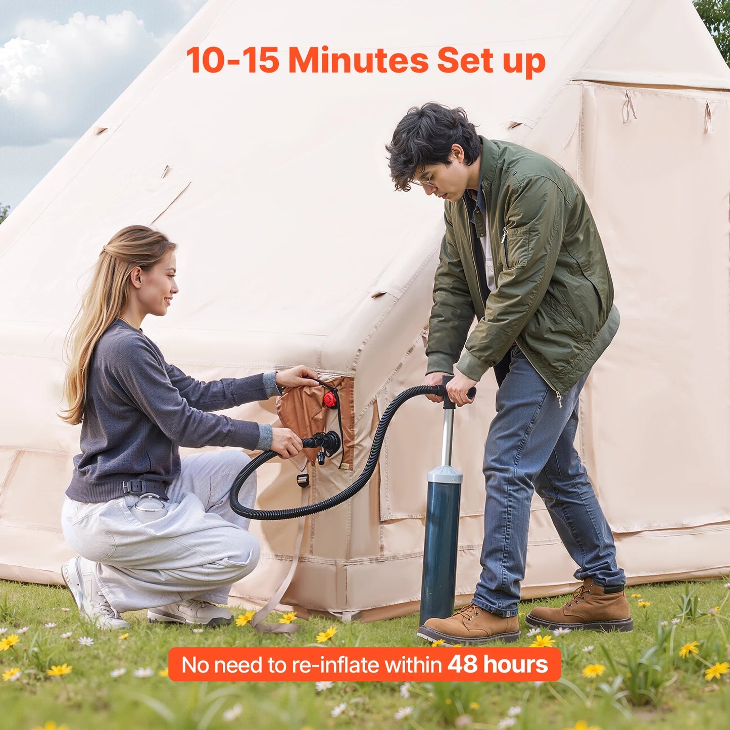 Inflatable Tents for Camp 3-5 Person Easy Setup Blow-Up Tent with Hand Pump 300D Oxford Tent with Doors & Mesh Windows
