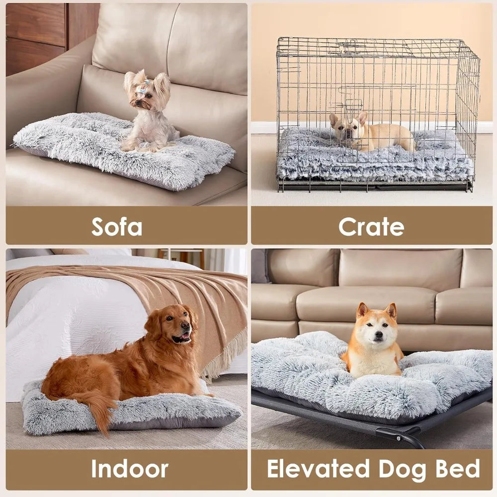 Fluffy Faux Fur Dog Crate Bed, Plush Calming Pad for Medium Dogs, Washable Soft Mat with Non-Slip Bottom