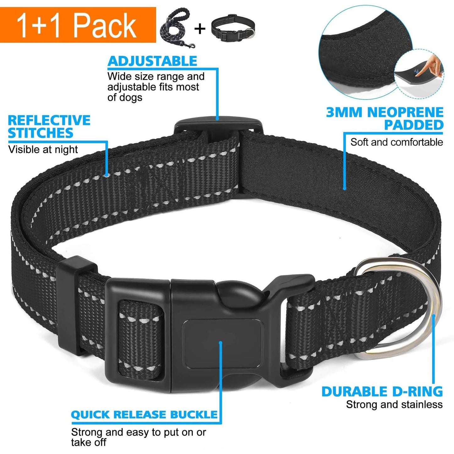Dog Collar Nylon Dog Rope With Comfortable Padded Handle And Highly Reflective Threaded Cord For Medium And Large Dogs Strong