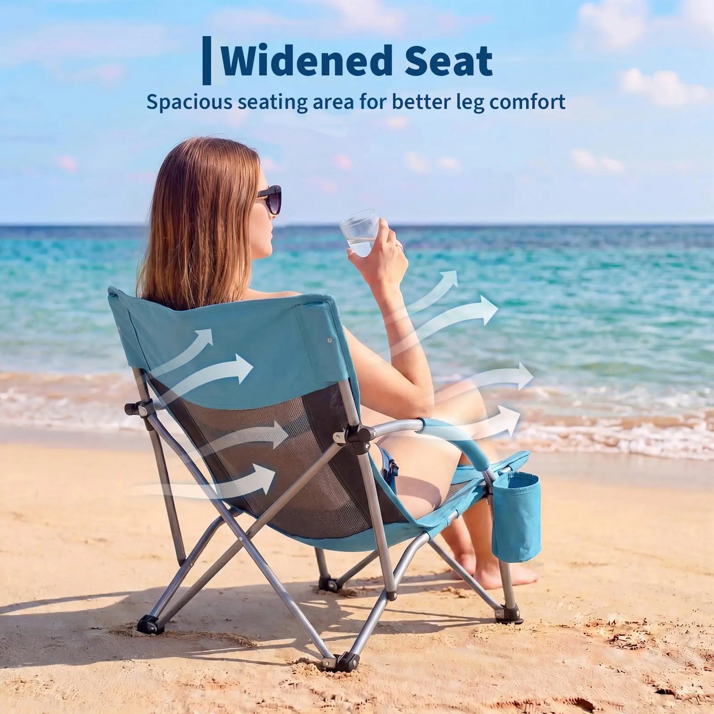 Low Beach Chair 2 Pack, Folding Portable Beach Chairs for Adults, Lightweight Extra Wide Seat Chair with Cup Holder, Storage Pocket & Carry Bag for Camping, Beach, Travel