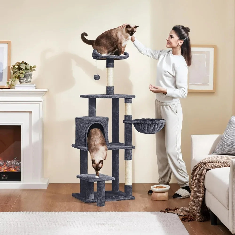 57 In Multi-Level Cat Tree Tower with Extended Platform, Padded Perch, Scratching Posts, and Ball