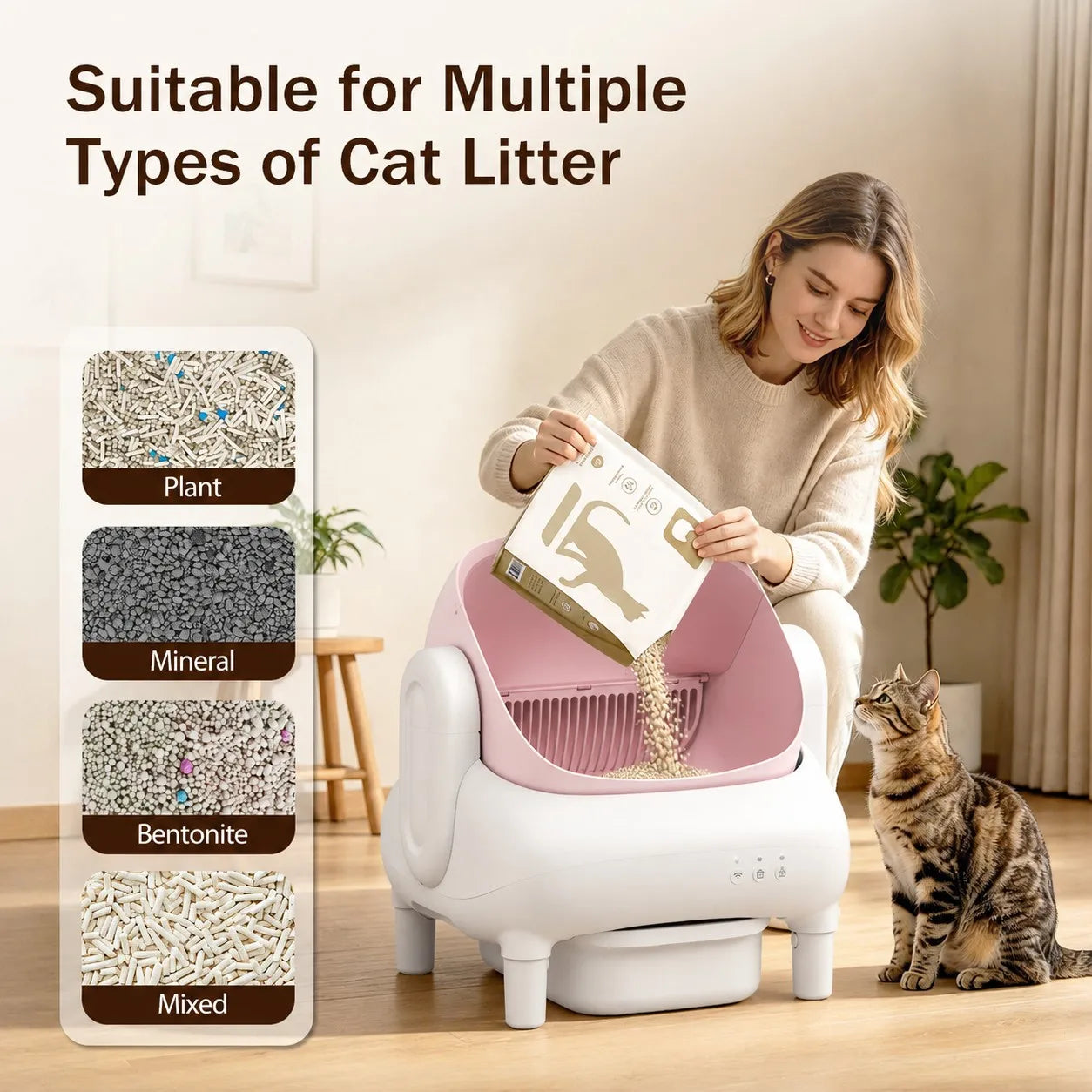Pink & Cream Beige Smart Self‑Cleaning Cat Litter Box, WiFi APP Remote Monitor Automatic Cat Toilet, Anti‑Pinch Safety Odor Isolation with Cleaning Brush & Waste Bags for Large Multi‑Cat Household