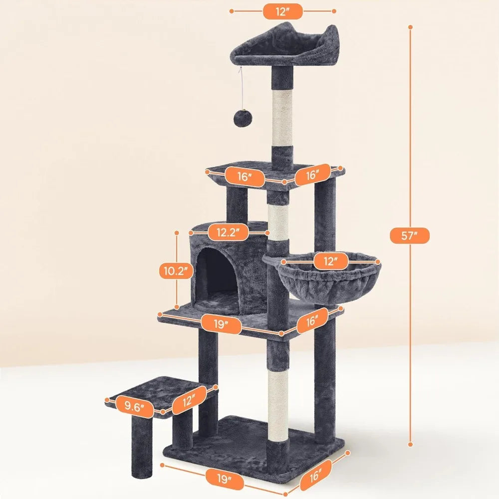 57 In Multi-Level Cat Tree Tower with Extended Platform, Padded Perch, Scratching Posts, and Ball