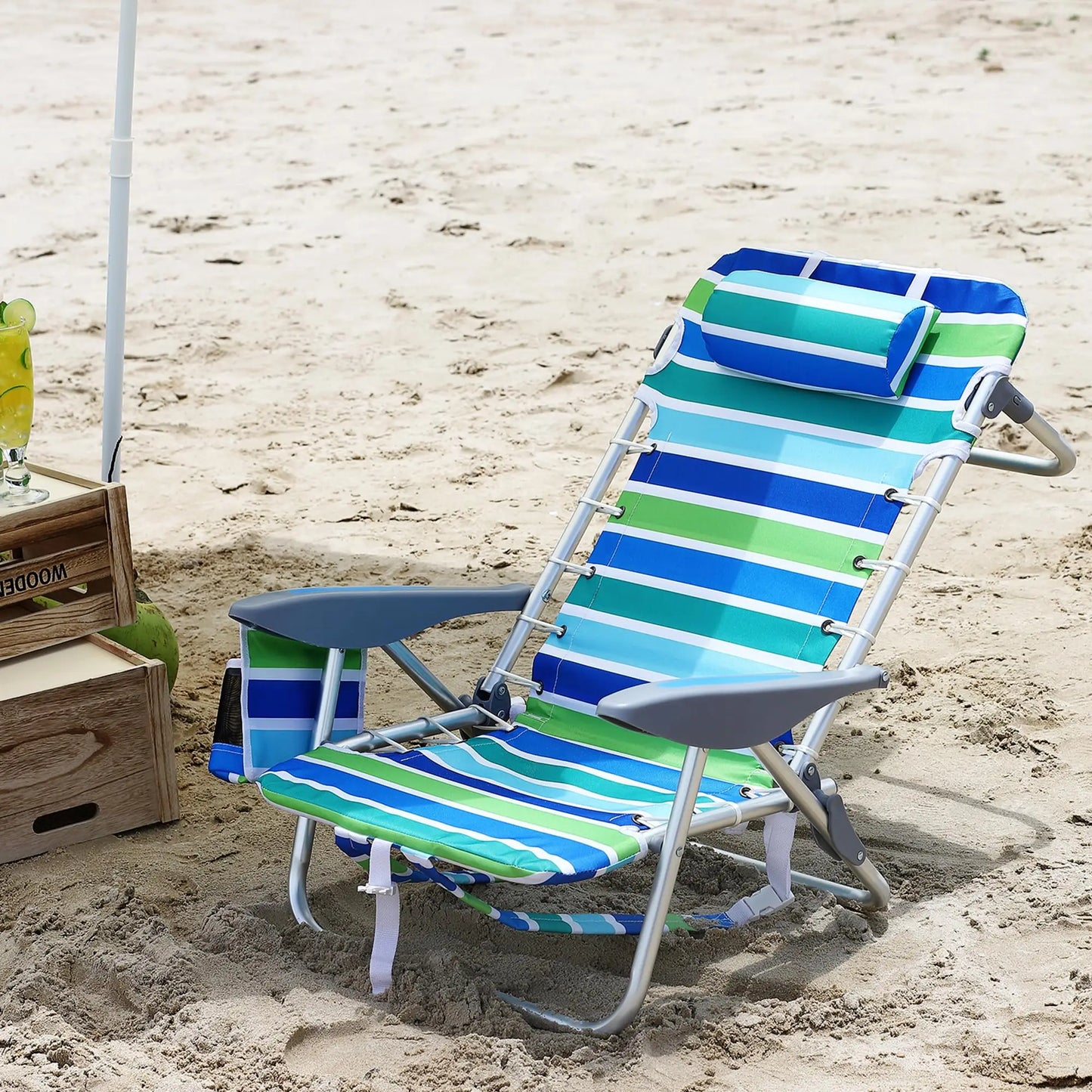 5-Position Reclining Lightweight Beach Chair for Adults, Low Seat Height Folding Lounge with Lace-Up Suspension, Detachable Pillow, Cup Holder & Towel Bar – Portable Backpack Chair for Outdoor Camping & Beach Trips
