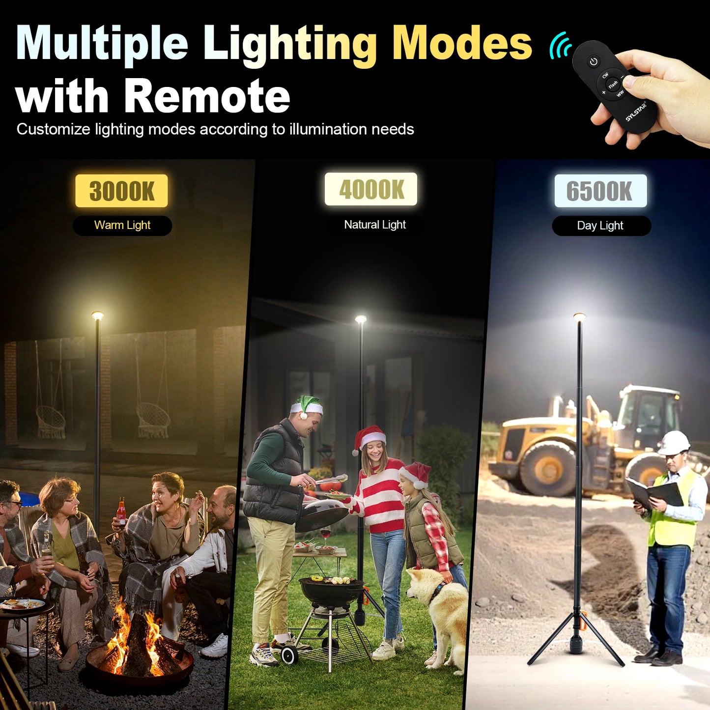 360° Rechargeable Work Light Remote Control 8.4Ft Max Height 3000LM Ultra Bright 3CCT Dimmable Telescopic Camping Lights