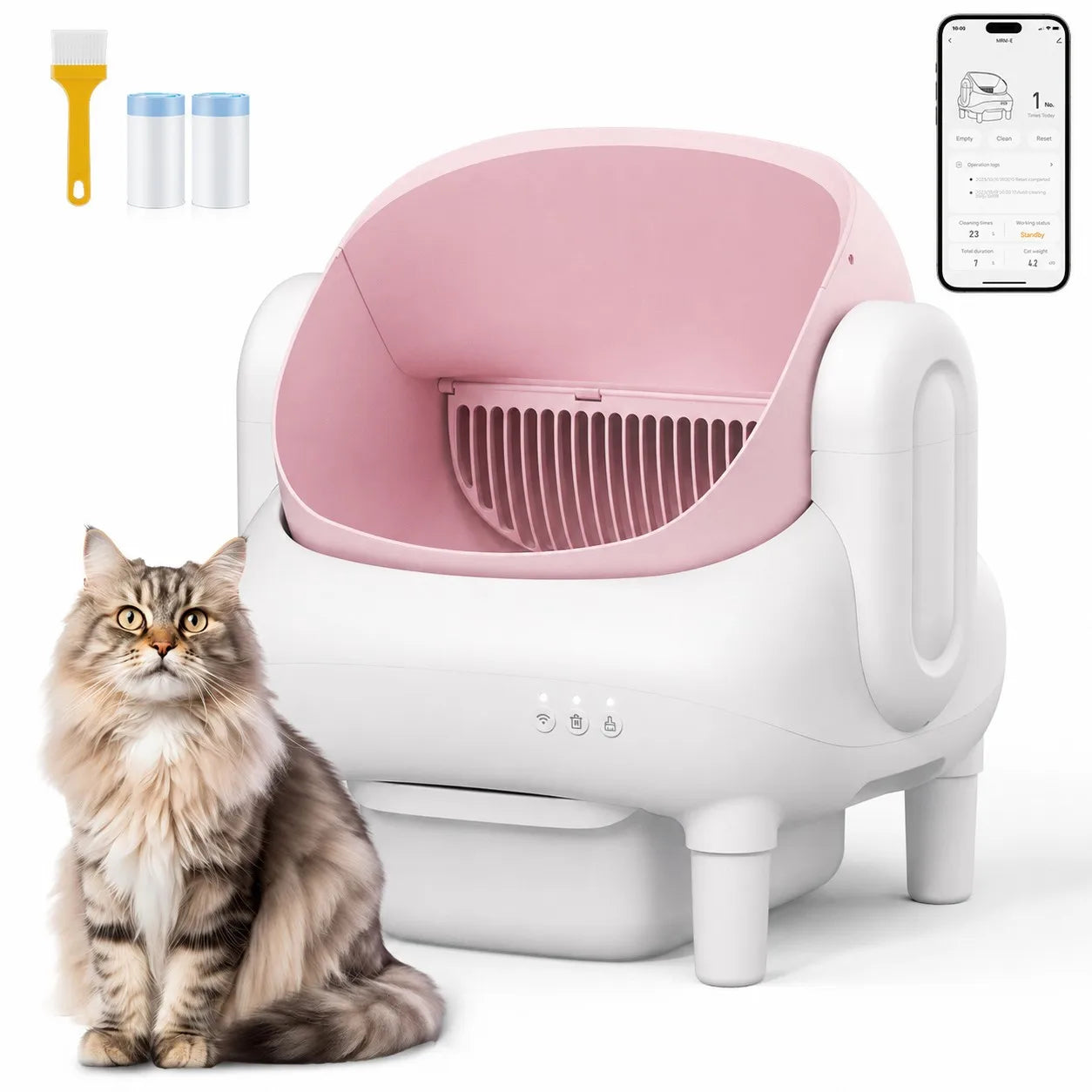 Pink & Cream Beige Smart Self‑Cleaning Cat Litter Box, WiFi APP Remote Monitor Automatic Cat Toilet, Anti‑Pinch Safety Odor Isolation with Cleaning Brush & Waste Bags for Large Multi‑Cat Household