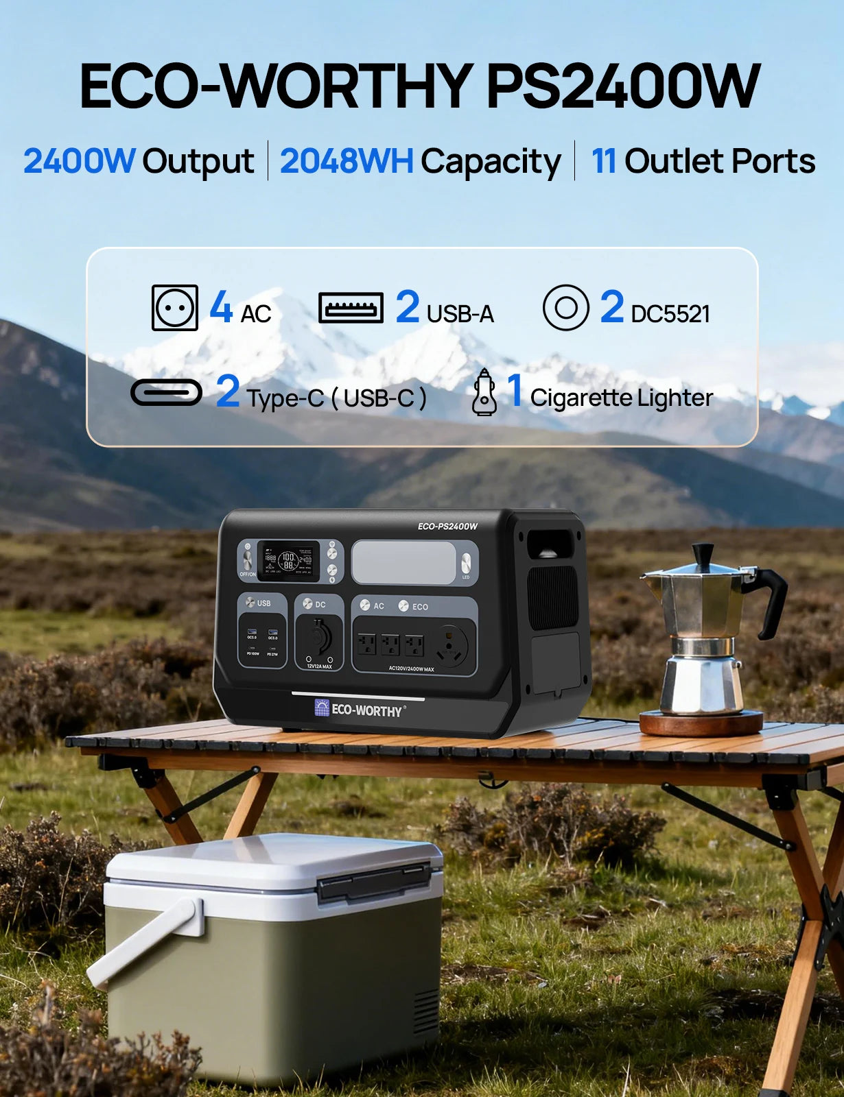 PS 2400W Power Station 2048Wh LiFePO4 Battery, Solar Generator with 10 Outlets (4800W Peak) Wi-Fi and Bluetooth