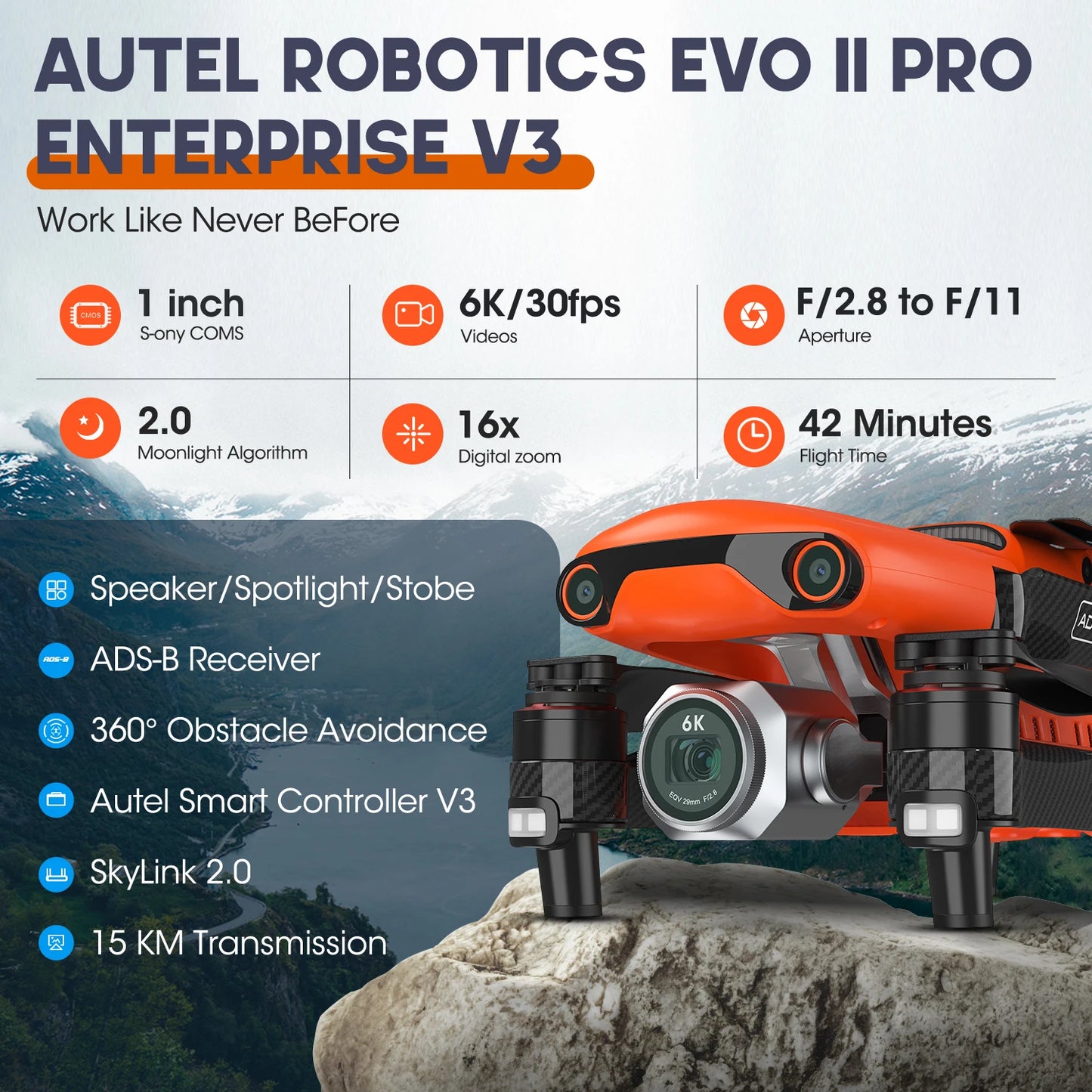Drone EVO II PRO Enterprise V3 6K 1" CMOS Encryption 15KM Video Transmission Mapping AI Target Recognition IP43