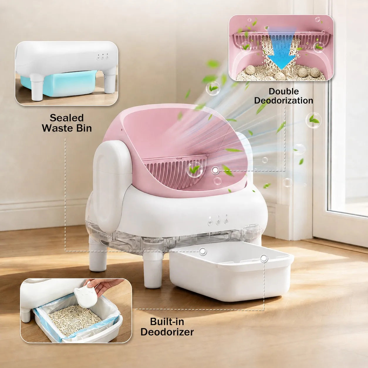 Pink & Cream Beige Smart Self‑Cleaning Cat Litter Box, WiFi APP Remote Monitor Automatic Cat Toilet, Anti‑Pinch Safety Odor Isolation with Cleaning Brush & Waste Bags for Large Multi‑Cat Household
