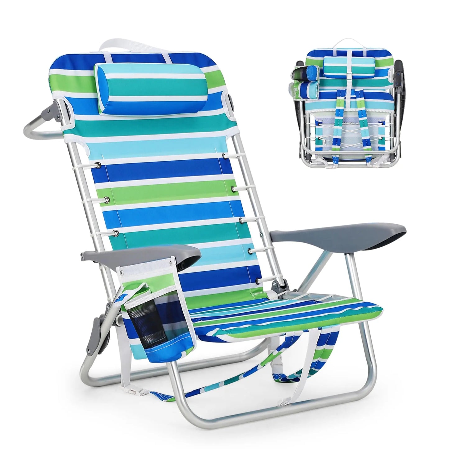 5-Position Reclining Lightweight Beach Chair for Adults, Low Seat Height Folding Lounge with Lace-Up Suspension, Detachable Pillow, Cup Holder & Towel Bar – Portable Backpack Chair for Outdoor Camping & Beach Trips