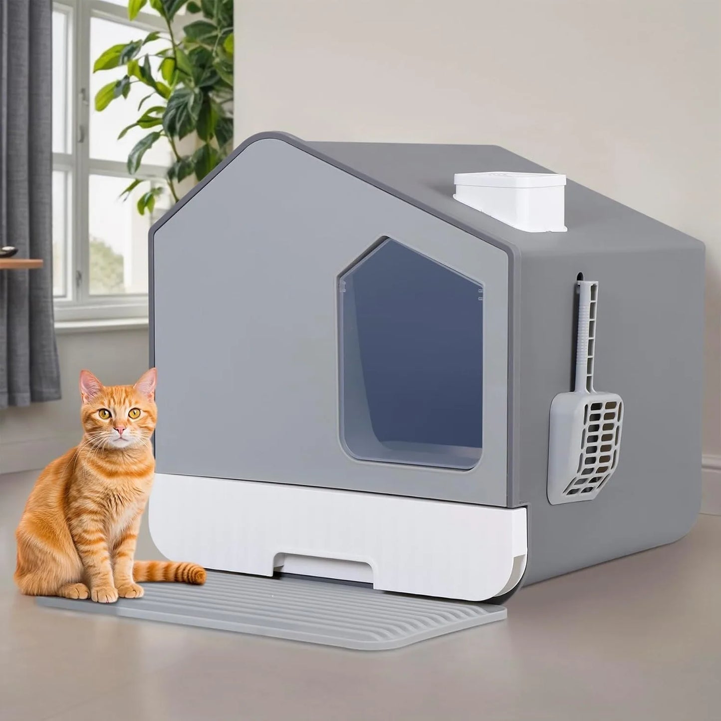 Extra Large Enclosed Cat Litter Box with Mat and Litter Scoop, Odorless Toilet Anti-Splashing Kitty Litter Pan Covered Hooded Ca