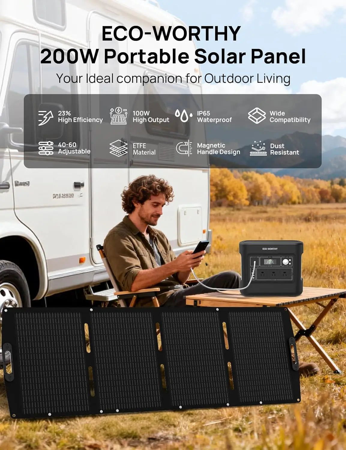 200W Portable Solar Panel for Power Stations, IP65 Waterproof & Lightweight with Adjustable  Kickstand for Off Grid