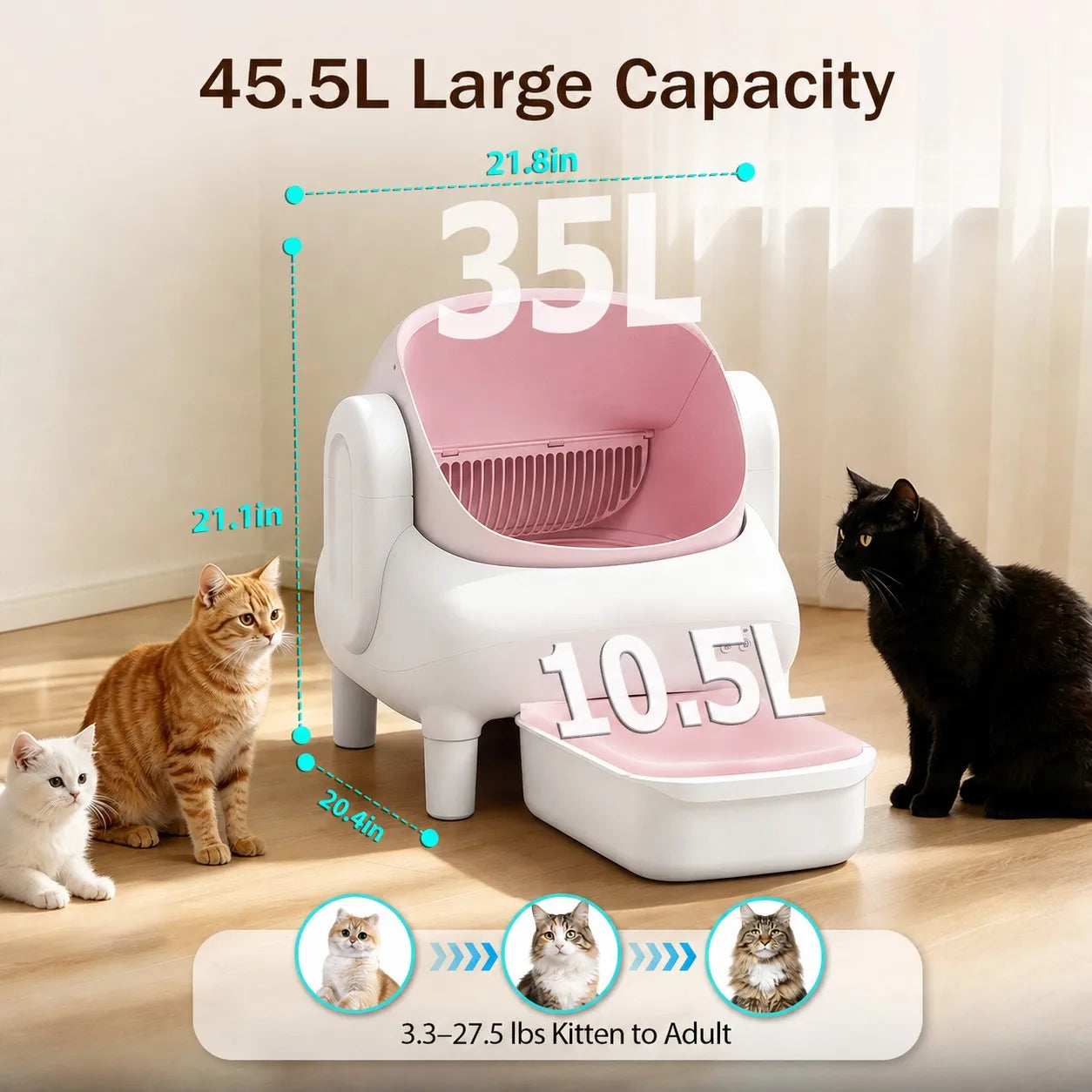 Pink & Cream Beige Smart Self‑Cleaning Cat Litter Box, WiFi APP Remote Monitor Automatic Cat Toilet, Anti‑Pinch Safety Odor Isolation with Cleaning Brush & Waste Bags for Large Multi‑Cat Household
