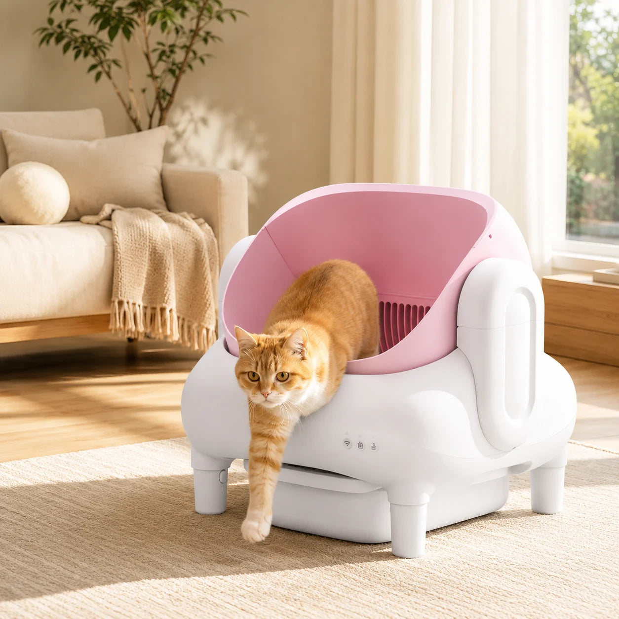 Pink & Cream Beige Smart Self‑Cleaning Cat Litter Box, WiFi APP Remote Monitor Automatic Cat Toilet, Anti‑Pinch Safety Odor Isolation with Cleaning Brush & Waste Bags for Large Multi‑Cat Household