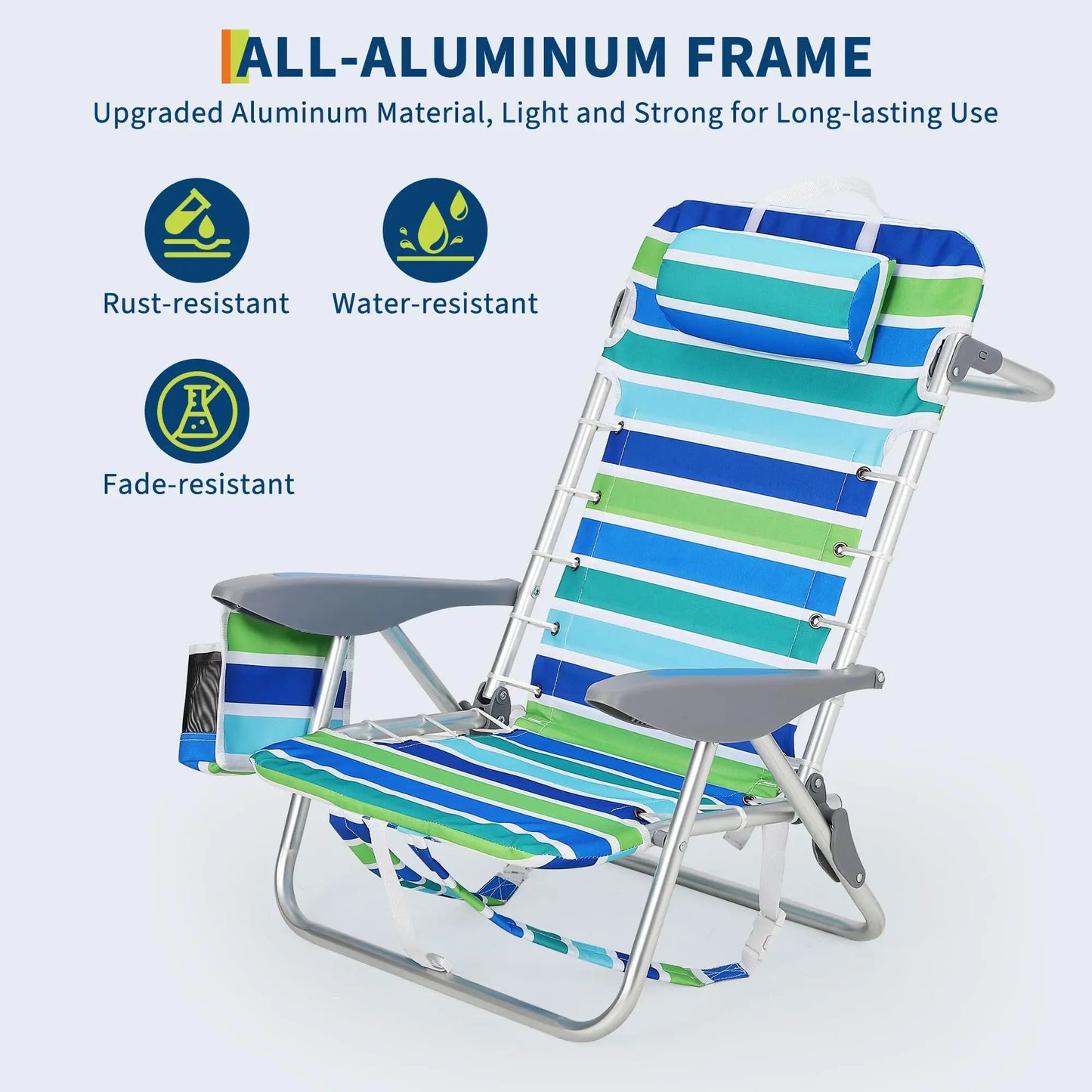 5-Position Reclining Lightweight Beach Chair for Adults, Low Seat Height Folding Lounge with Lace-Up Suspension, Detachable Pillow, Cup Holder & Towel Bar – Portable Backpack Chair for Outdoor Camping & Beach Trips