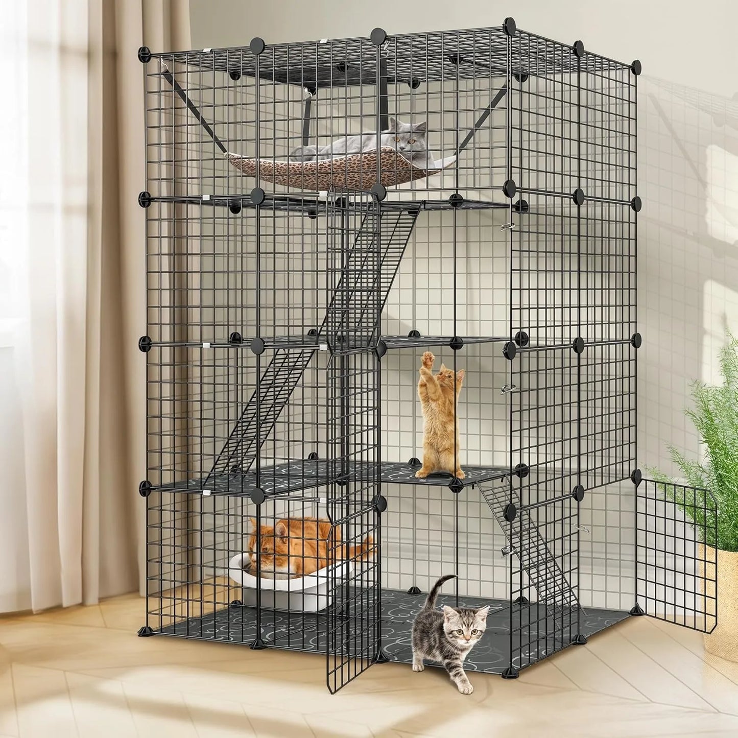 4-Tier Cat Cage Indoor Enclosure DIY Cat Playpen Metal Kennel with Extra Large Hammock, Catio Ideal for 1-3 Cats
