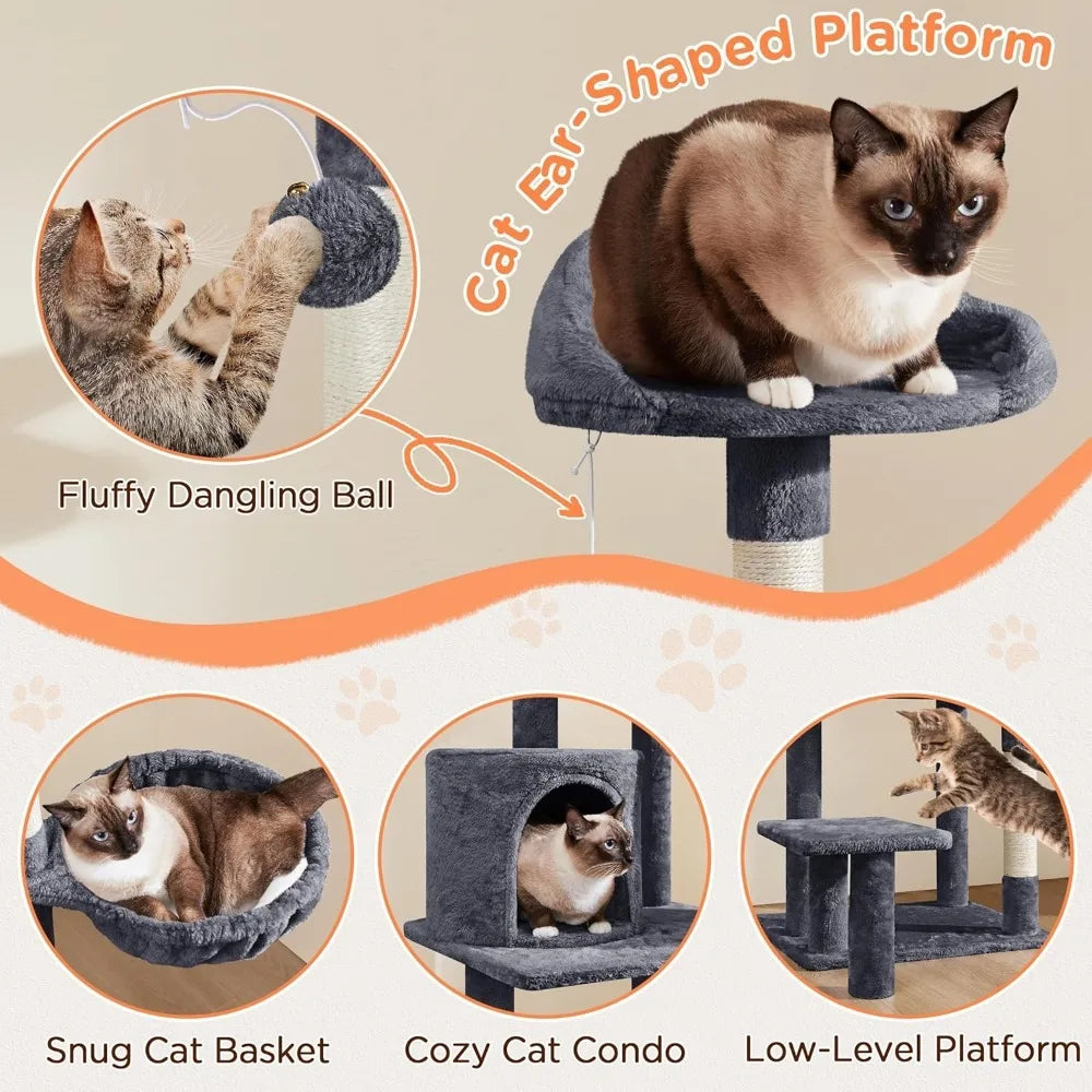 57 In Multi-Level Cat Tree Tower with Extended Platform, Padded Perch, Scratching Posts, and Ball