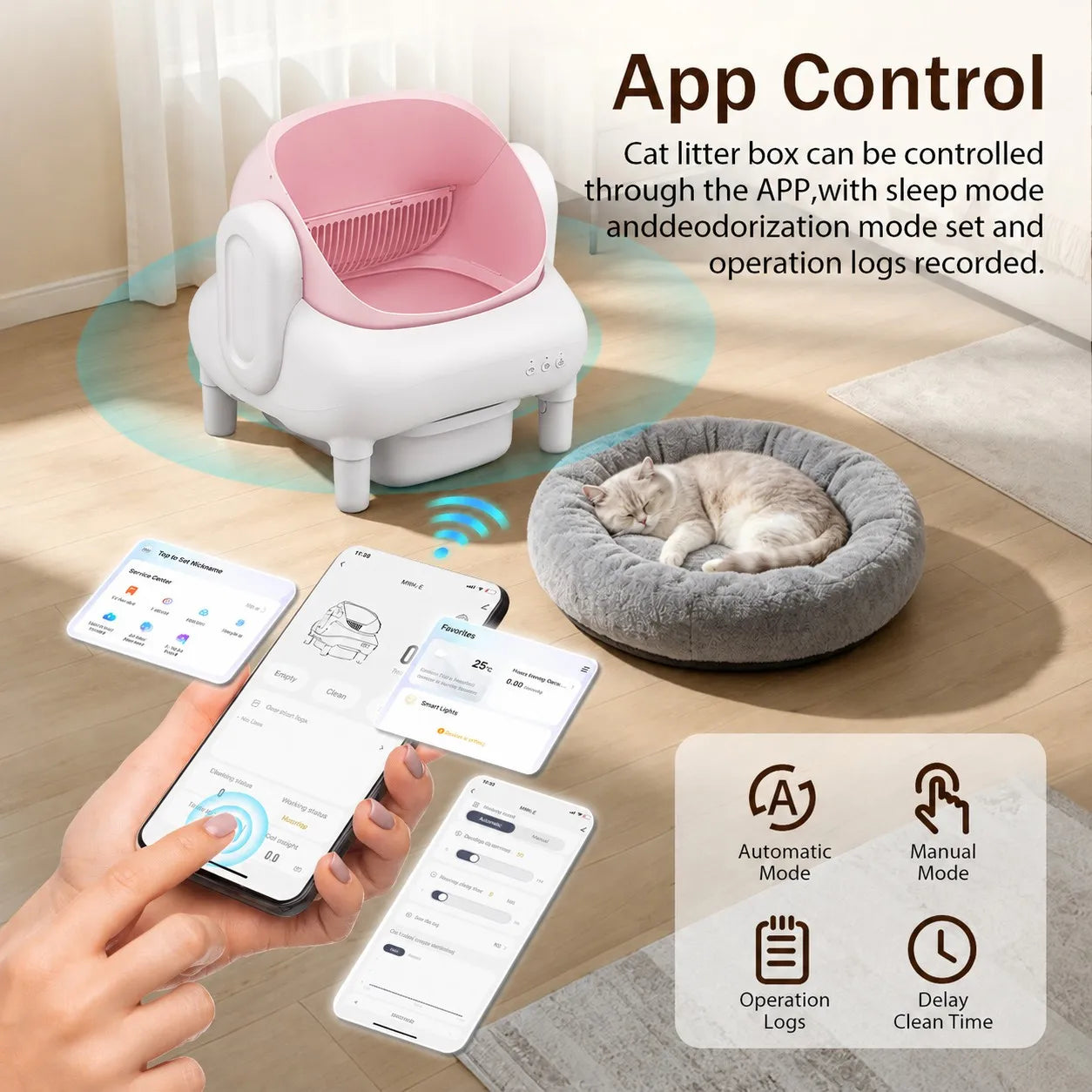 Pink & Cream Beige Smart Self‑Cleaning Cat Litter Box, WiFi APP Remote Monitor Automatic Cat Toilet, Anti‑Pinch Safety Odor Isolation with Cleaning Brush & Waste Bags for Large Multi‑Cat Household