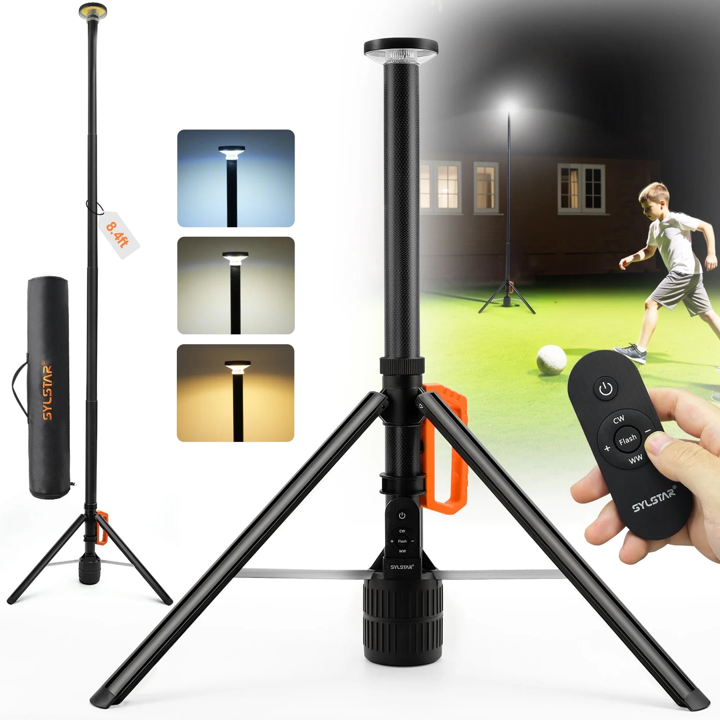 360° Rechargeable Work Light Remote Control 8.4Ft Max Height 3000LM Ultra Bright 3CCT Dimmable Telescopic Camping Lights