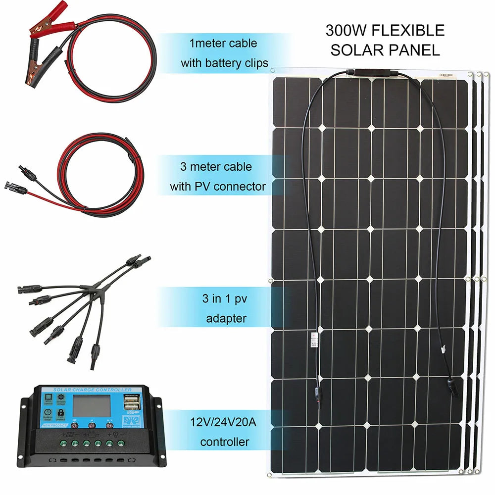 12V Flexible Solar Panel Kit 100W 200W 300W Solar Panels with Solar Controller for Boat, Car, RV, and Battery Charger