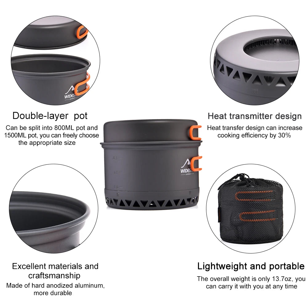 Camping 1.3L, 2.3L Cookware Outdoor Cooking Set Heat Cooker Travel Tableware Pot Kettle Tourist Kitchen Utensil Equipment