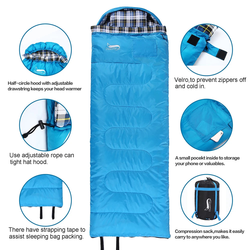 Soft Flannel Sleeping Bags with Pillow for Adult Kids Winter Sleeping Bag Warm Lining Hiking Camping Bags with Sack