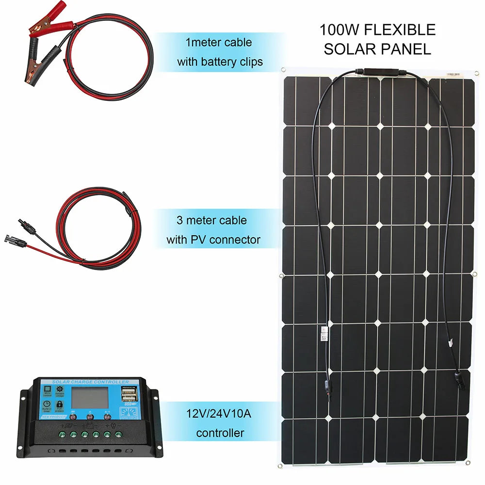 12V Flexible Solar Panel Kit 100W 200W 300W Solar Panels with Solar Controller for Boat, Car, RV, and Battery Charger